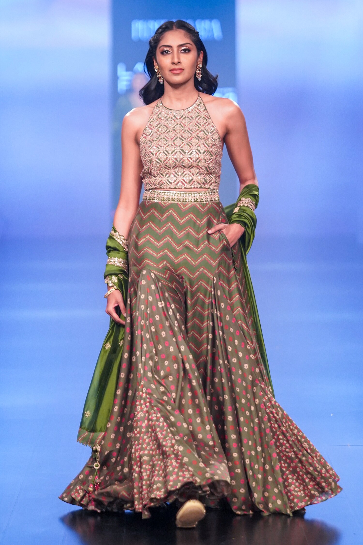 Punit Balana Green Chanderi Silk Bandhani And Chevron Print Lehenga Set