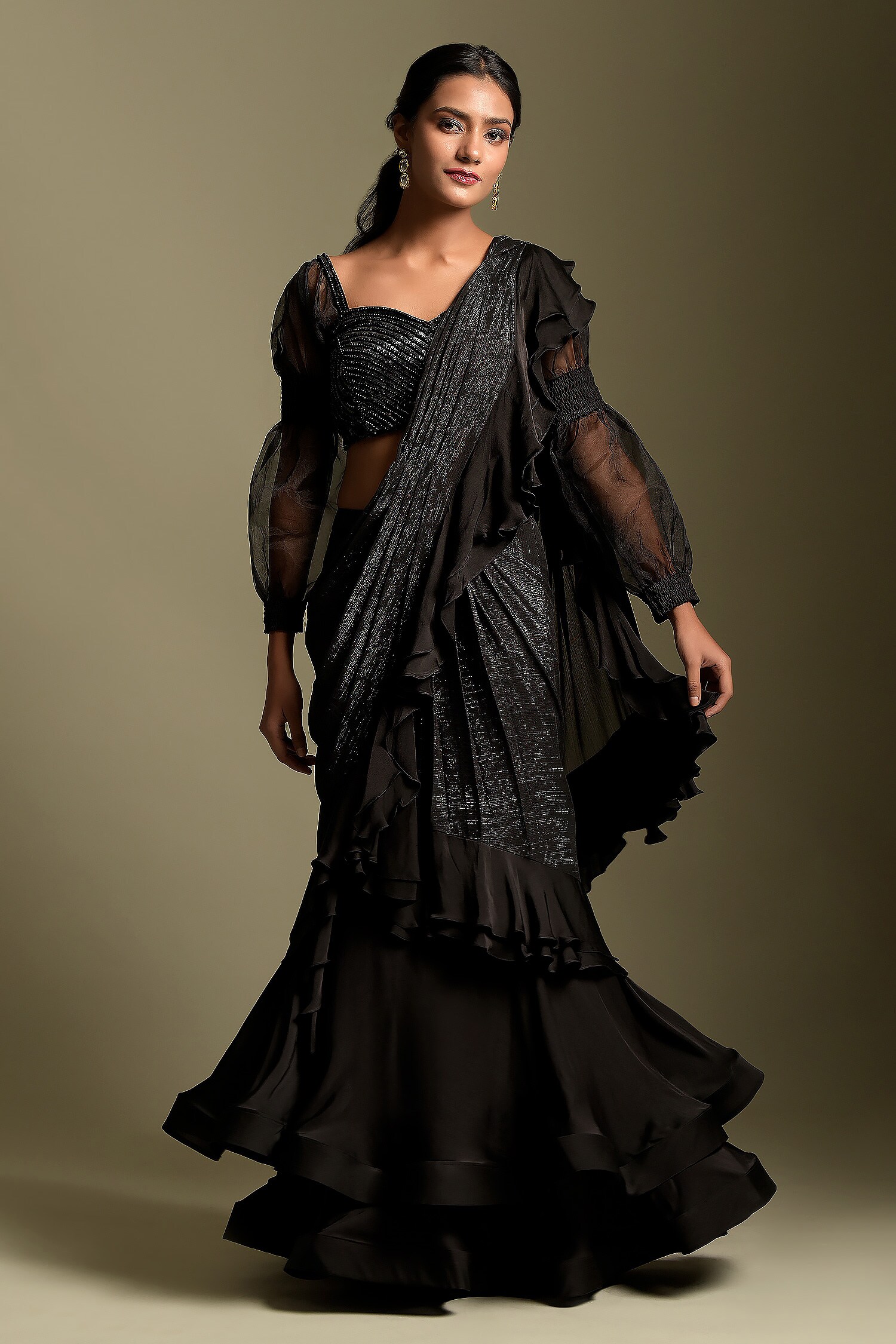 Two Sisters By Gyans Black Pre-draped Ruffle Saree With Blouse