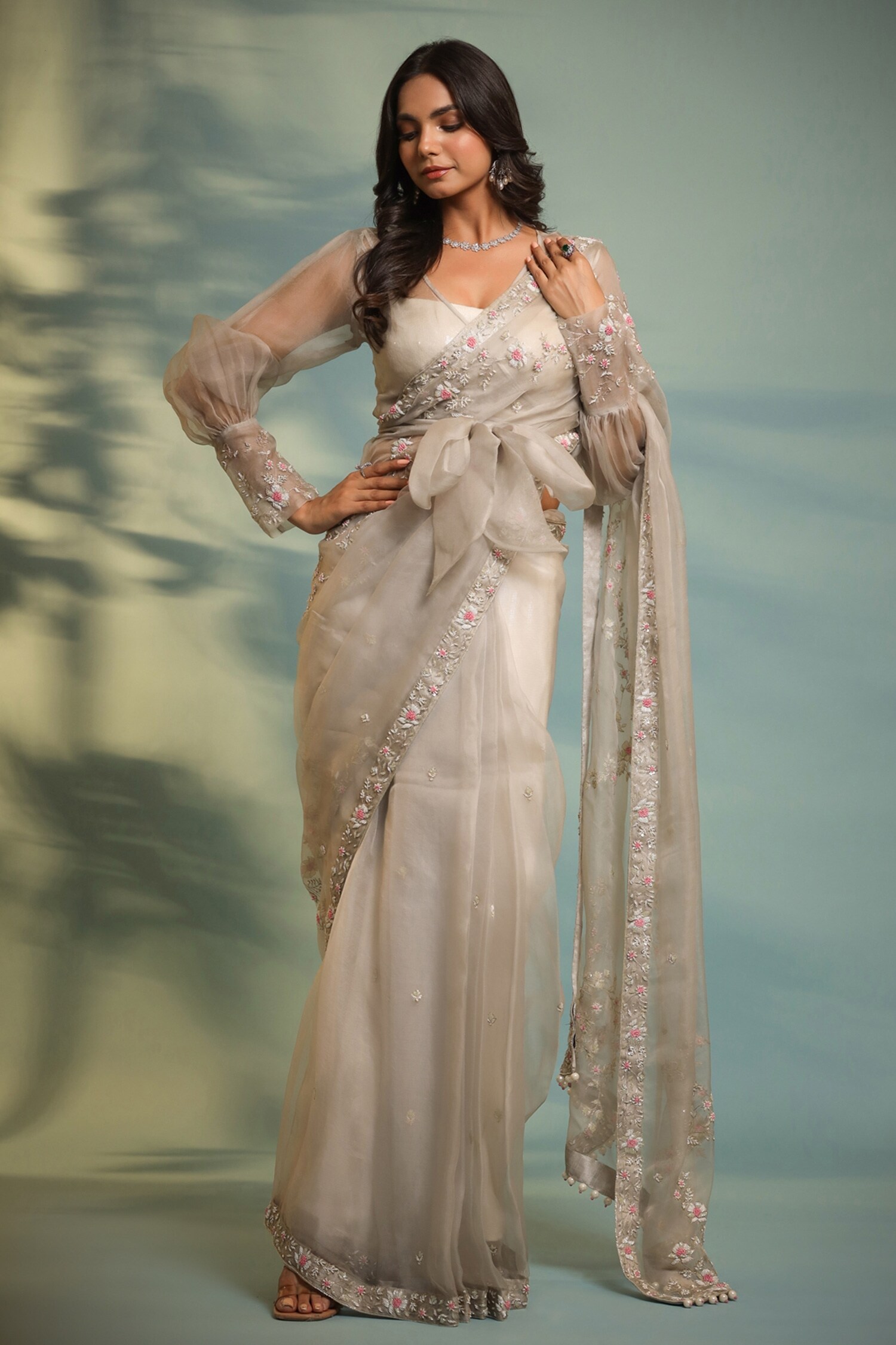 Buy Pallavi Jaipur Grey Floral Embroidered Saree With Blouse Online Aza Fashions