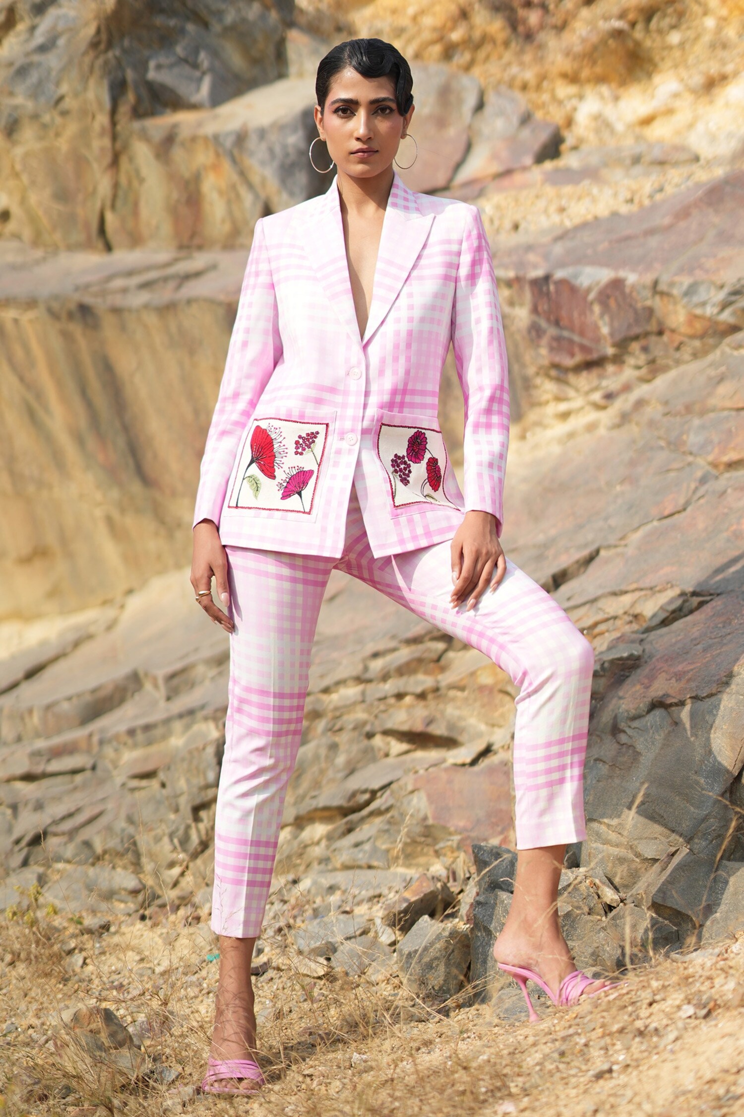 Neiza by Neeti Seth Pink Checkered Cashmere Wool Jacket