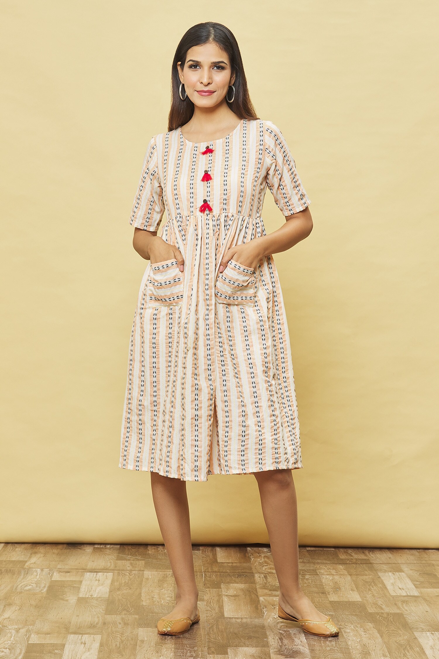 Samyukta Singhania Off White Cotton Blend Stripe Print Dress