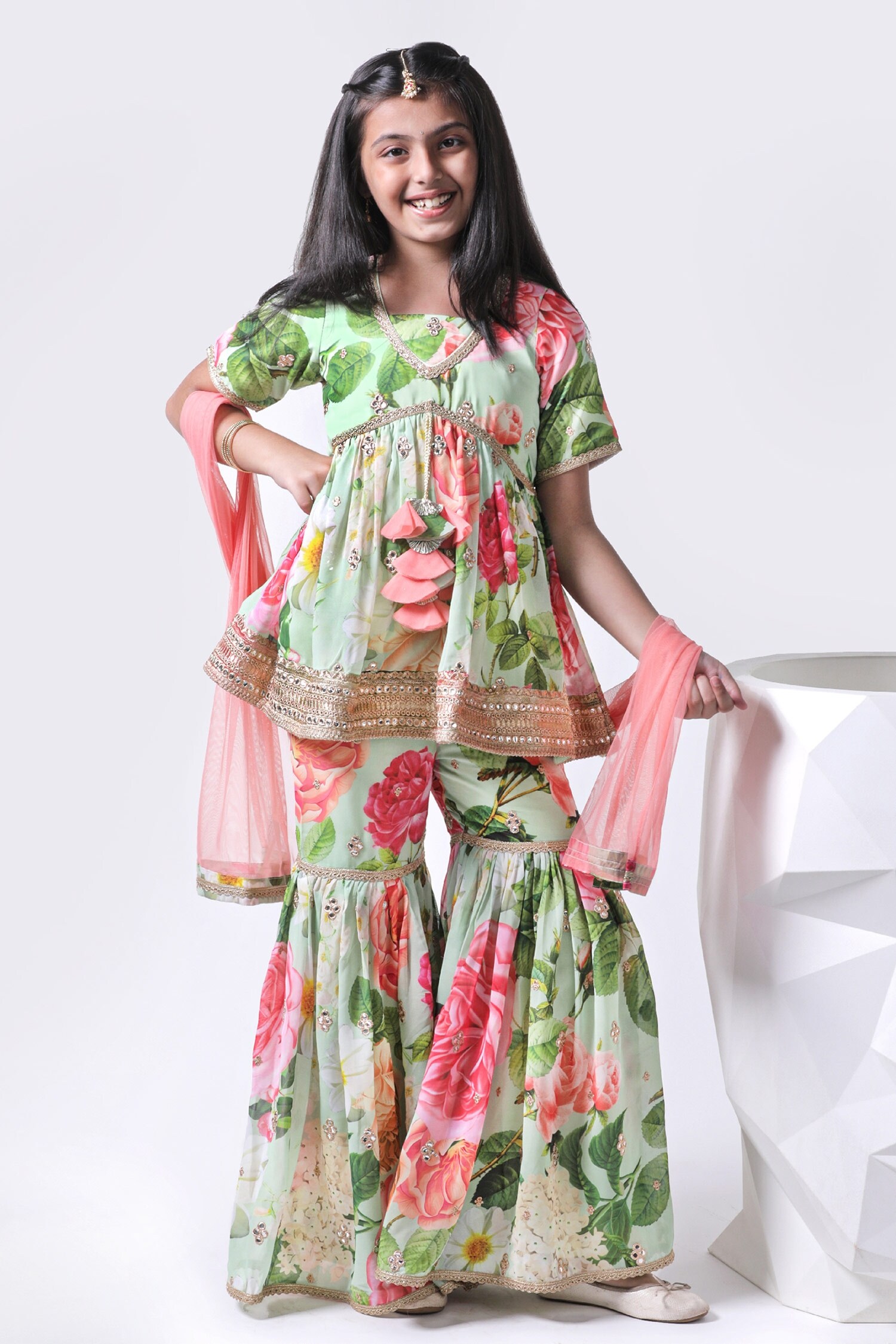 Free Sparrow Green Tender Floral Pattern Kurta Sharara Set For Girls