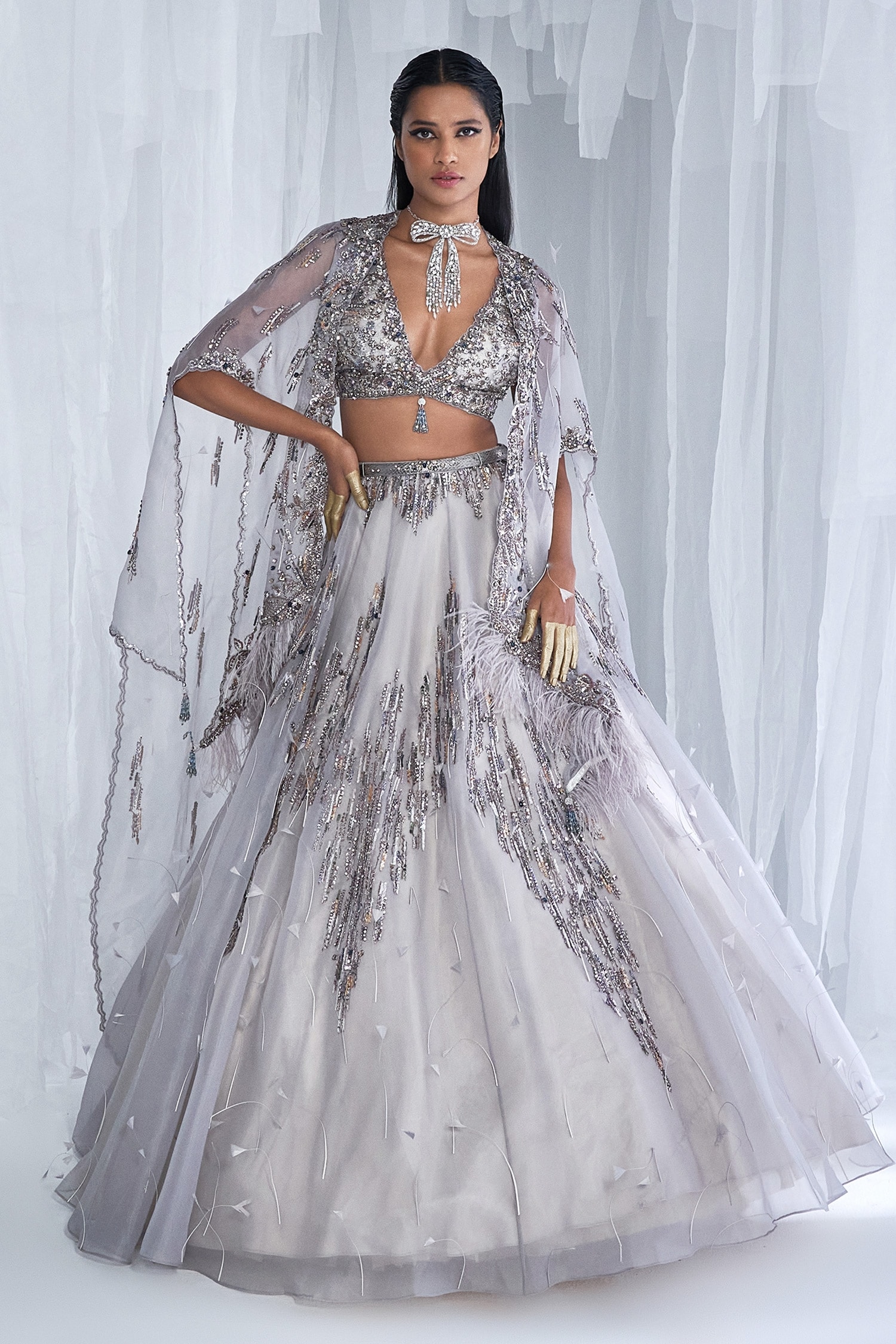 Buy Dolly J Silver Organza Elaheh Bridal Sequin Embellished Lehenga And