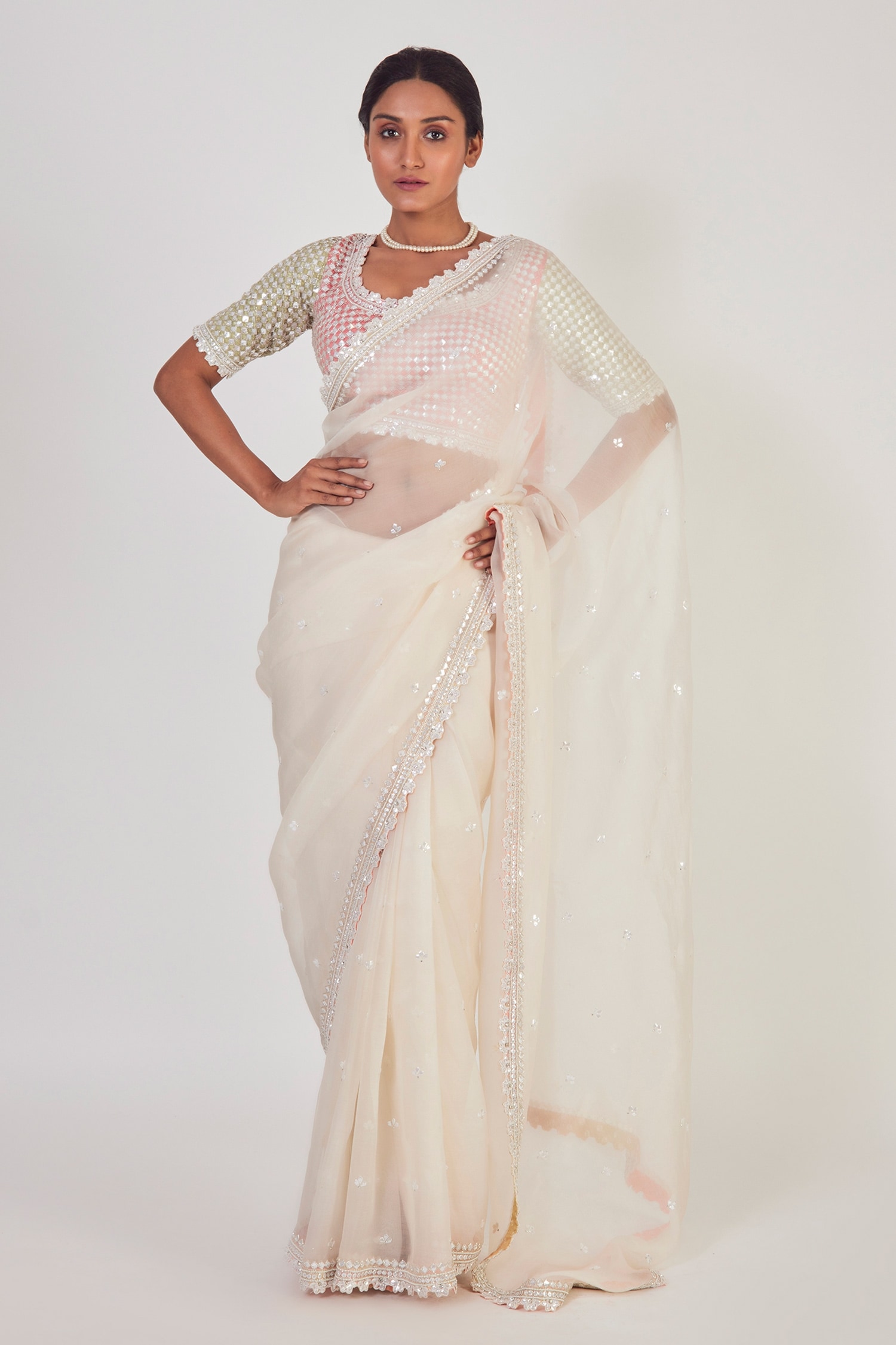 Onaya Off White Organza Embroidered Saree With Blouse