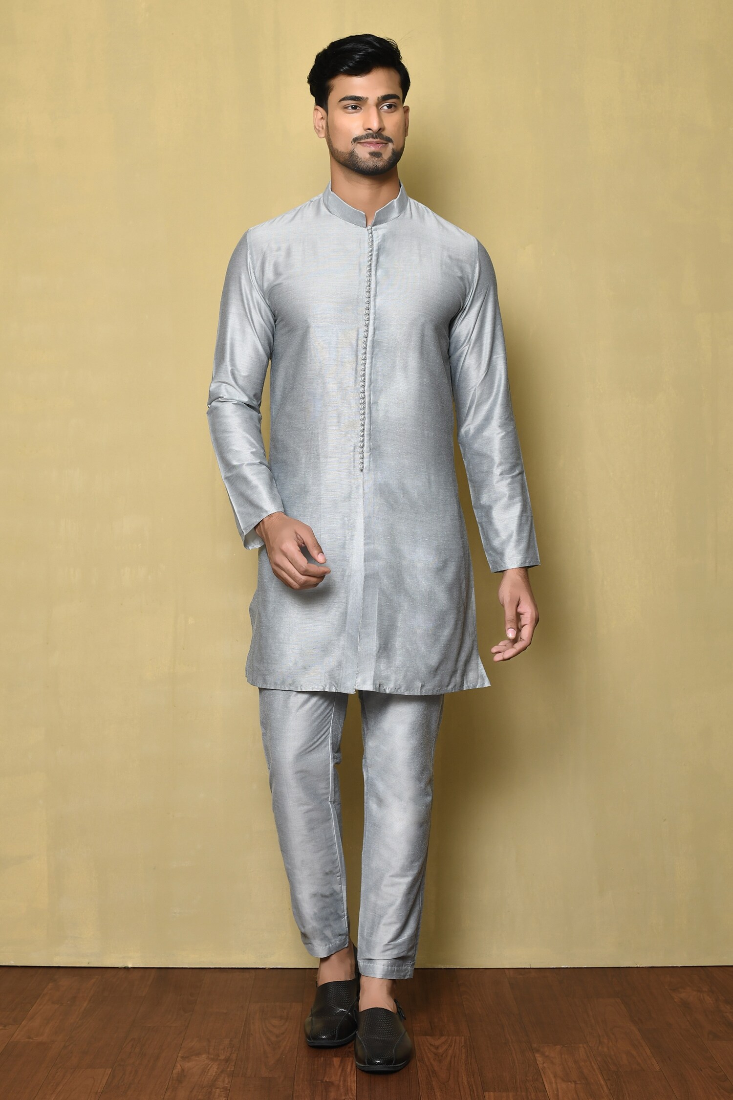 Buy Naintara Bajaj Grey Cotton Silk Full Sleeve Kurta Set Online Aza