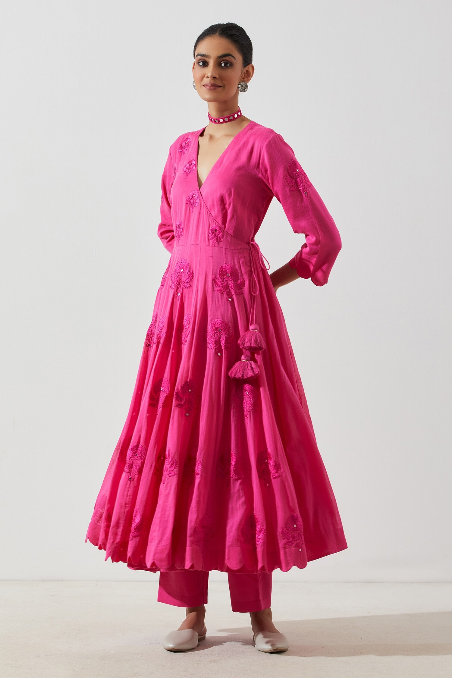 Label Earthen Pink Cotton Mul Embroidered Angarkha Kurta And Pant Set