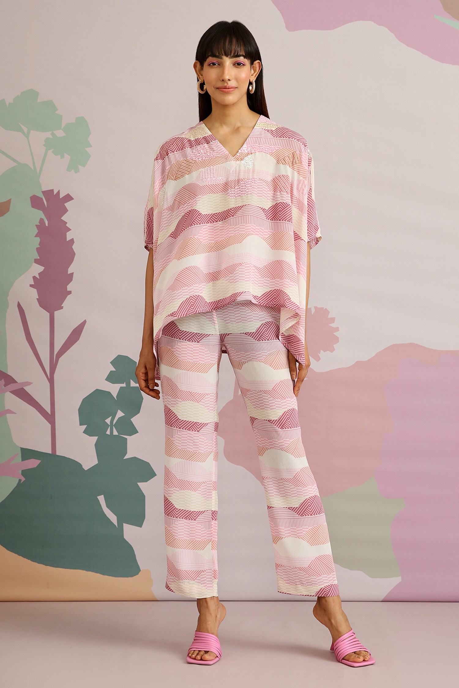 Pankaj & Nidhi Pink Crepe Bayou Embellised Top And Pant Set