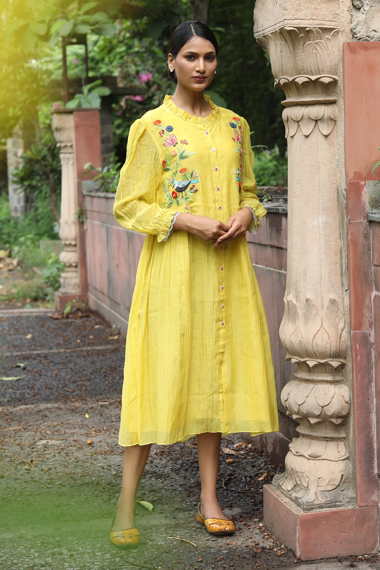 Desert Shine by Sulochana Jangir Yellow Handwoven Chanderi Nature Embroidered Shirt Dress