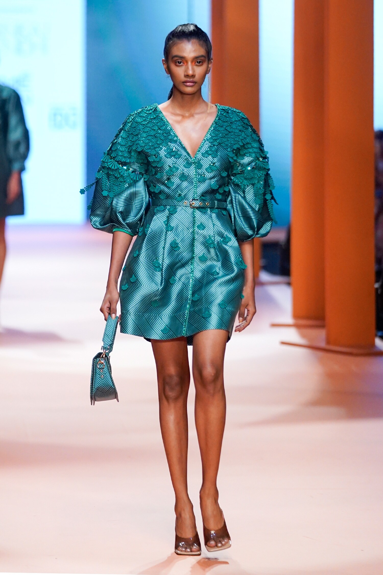 Pankaj & Nidhi Green Satin Twill Lined With Satin Saule Floral Embellished Dress