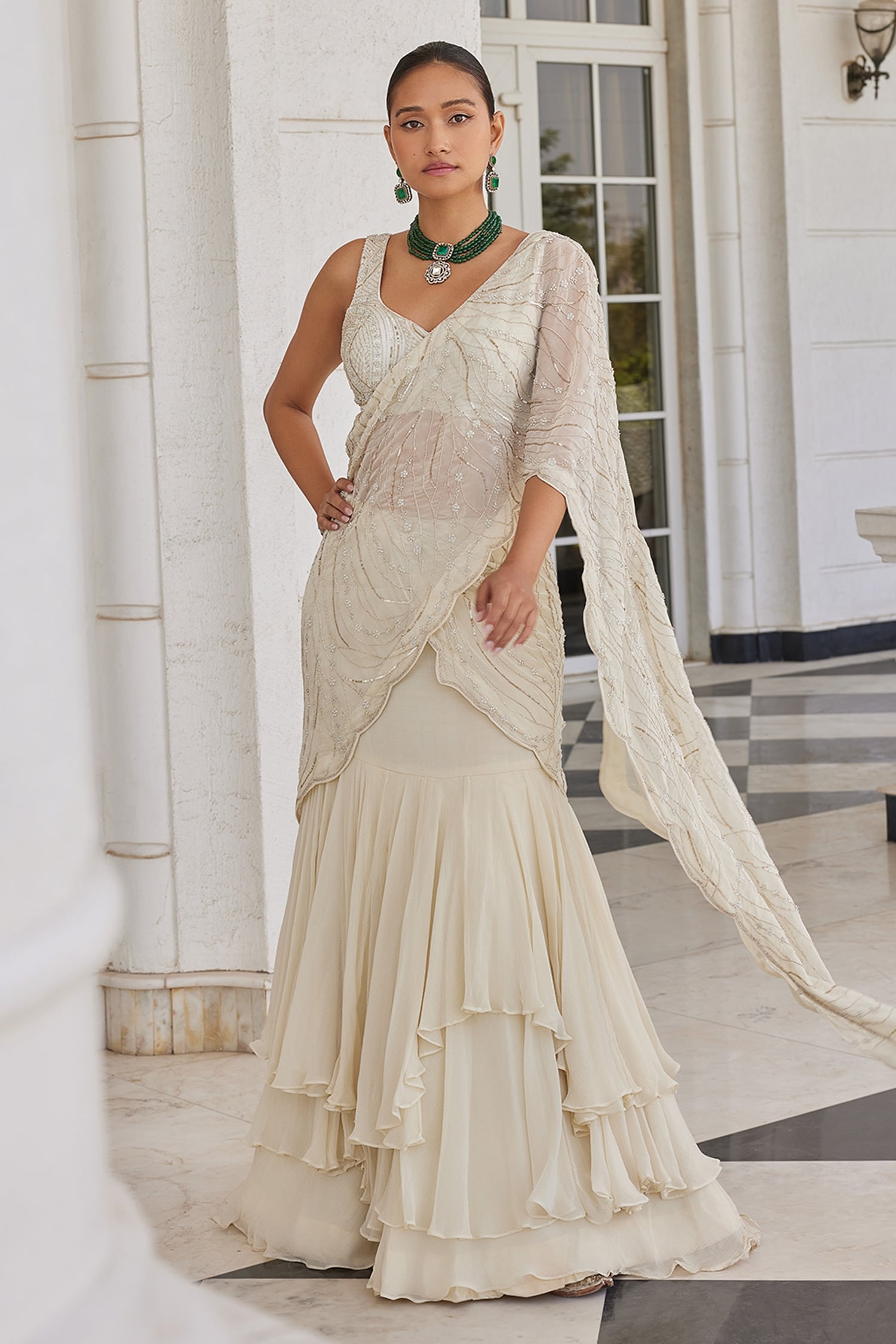 Buy Charu and Vasundhara Ivory Soha Tiered Lehenga Saree With ...