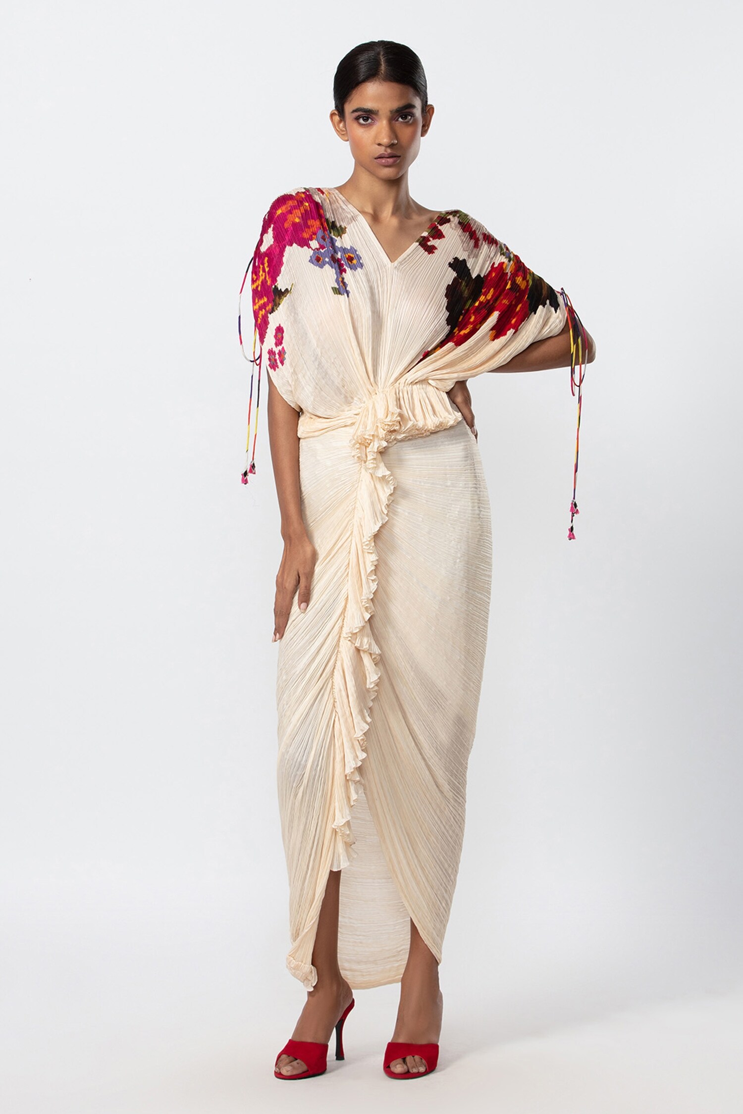 Saaksha & Kinni Ivory Cotton Silk Placement Print Draped Dress