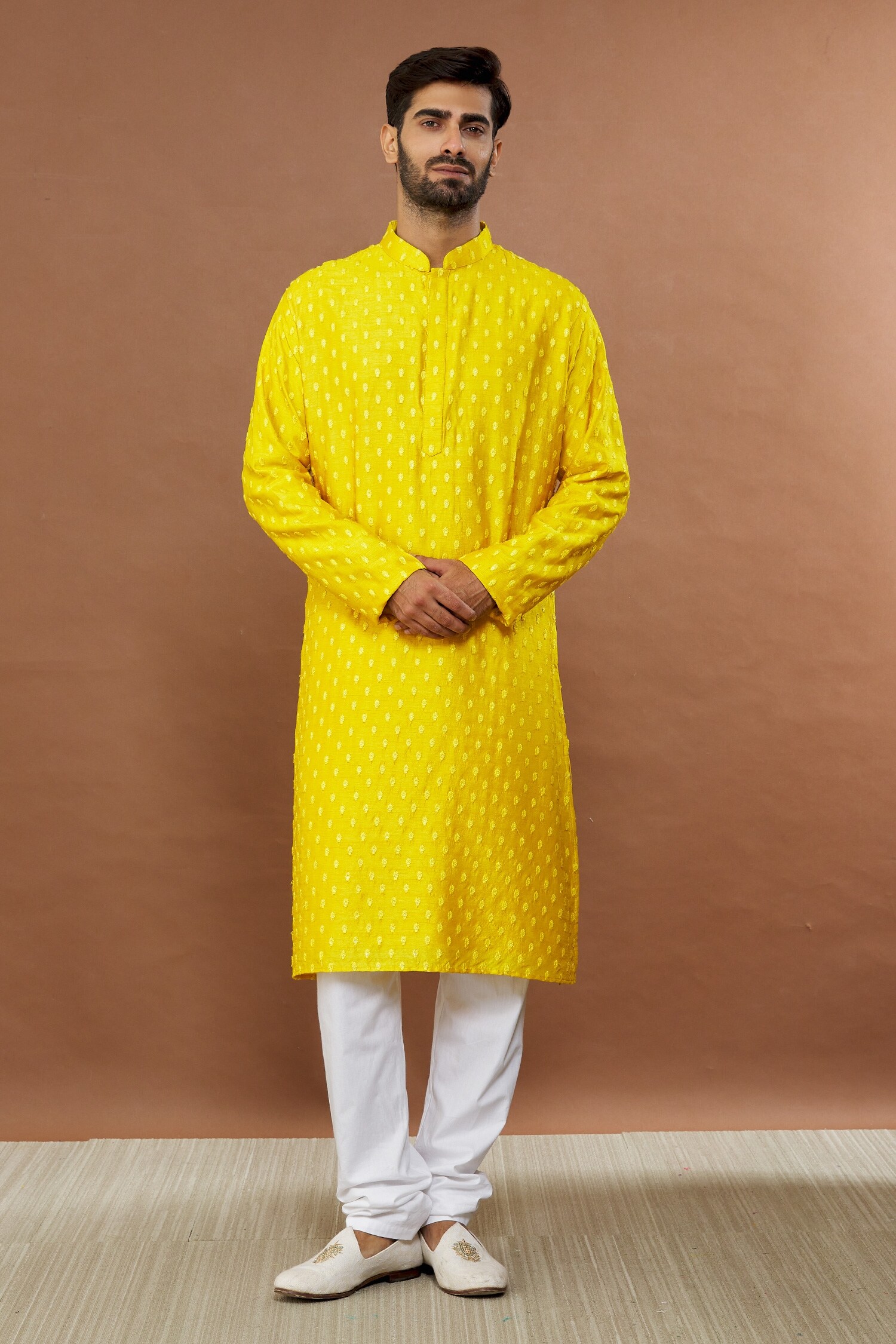 Aham-Vayam Yellow Silk Blend Maharaja Embroidered Kurta Set