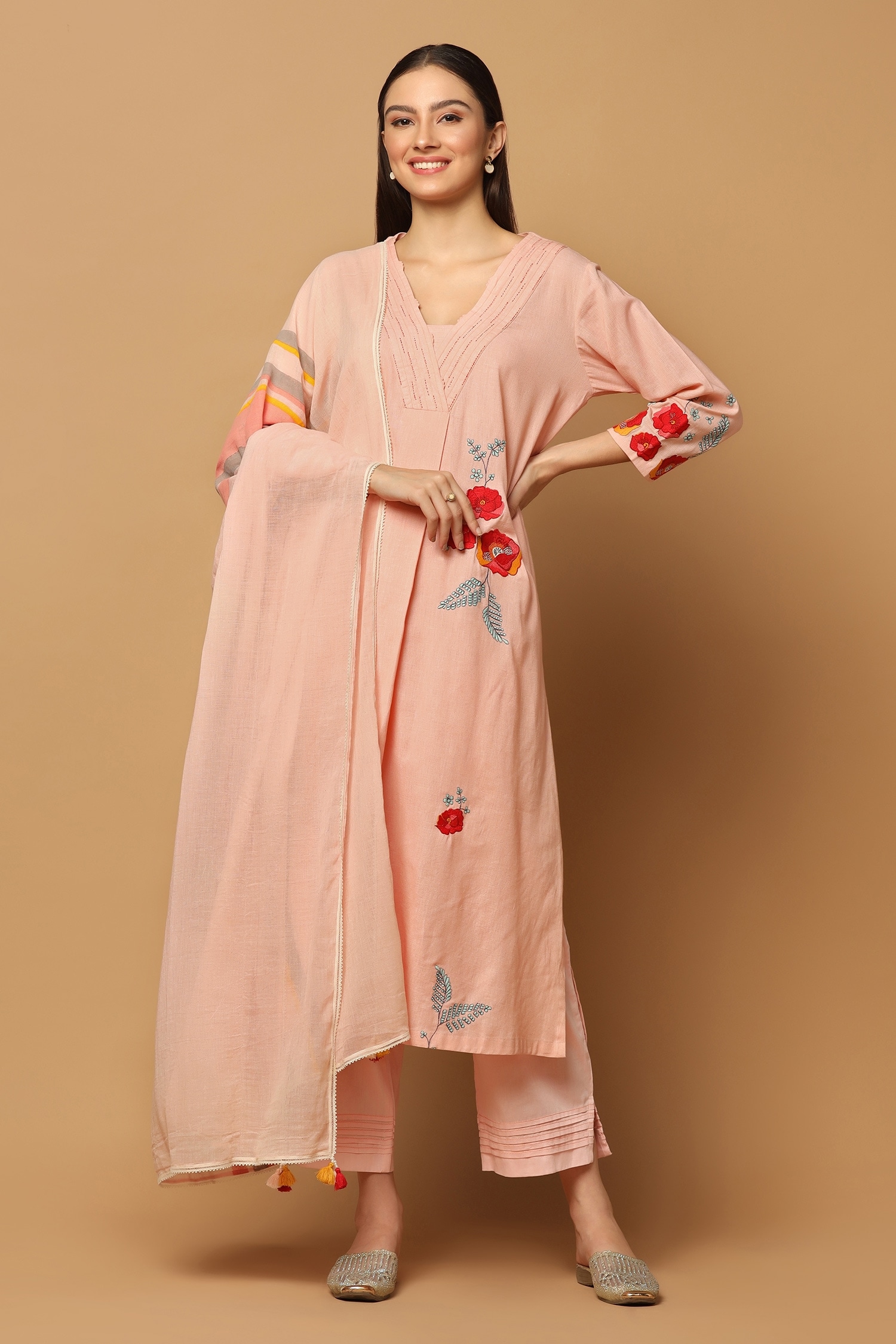 Ikha Couture Peach Resham Embroidered Kurta Set