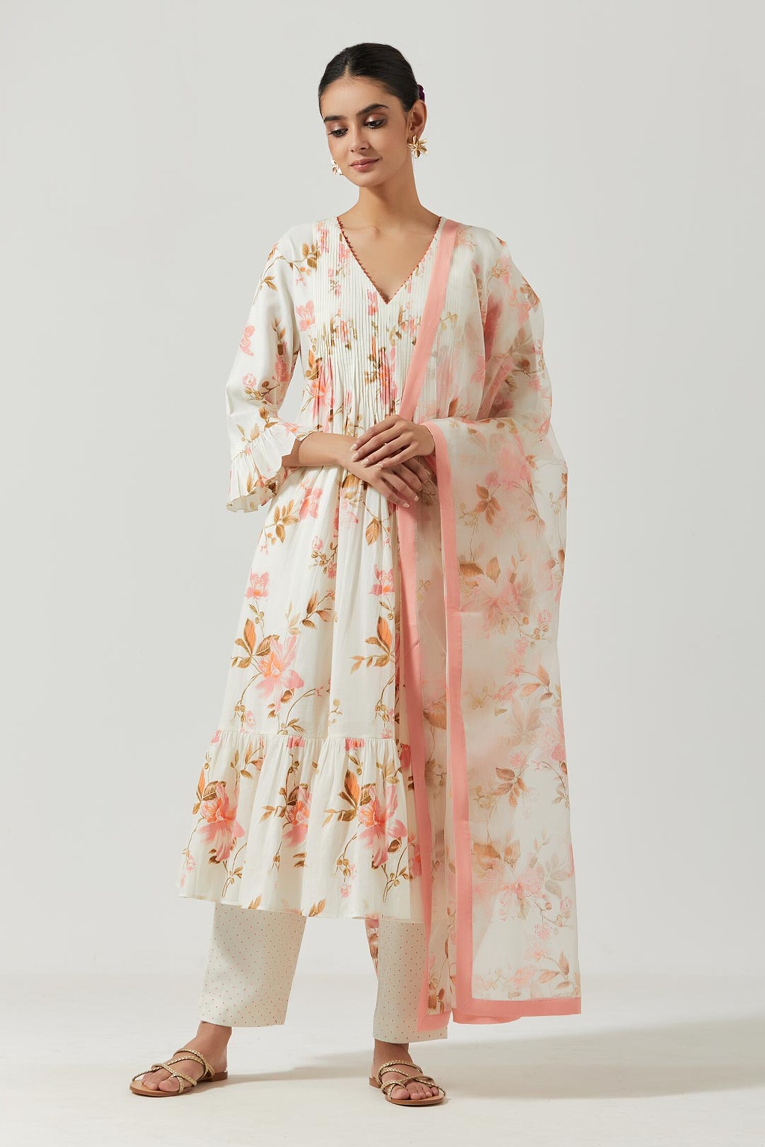 Label Earthen Ivory Cotton Mul Tiered Kurta Set