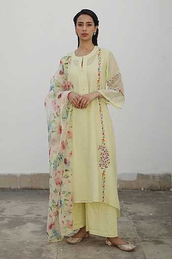 Mustard Yellow Floral Embroidered Mul Cotton A-Line Kurta Set– Medium to 2XL