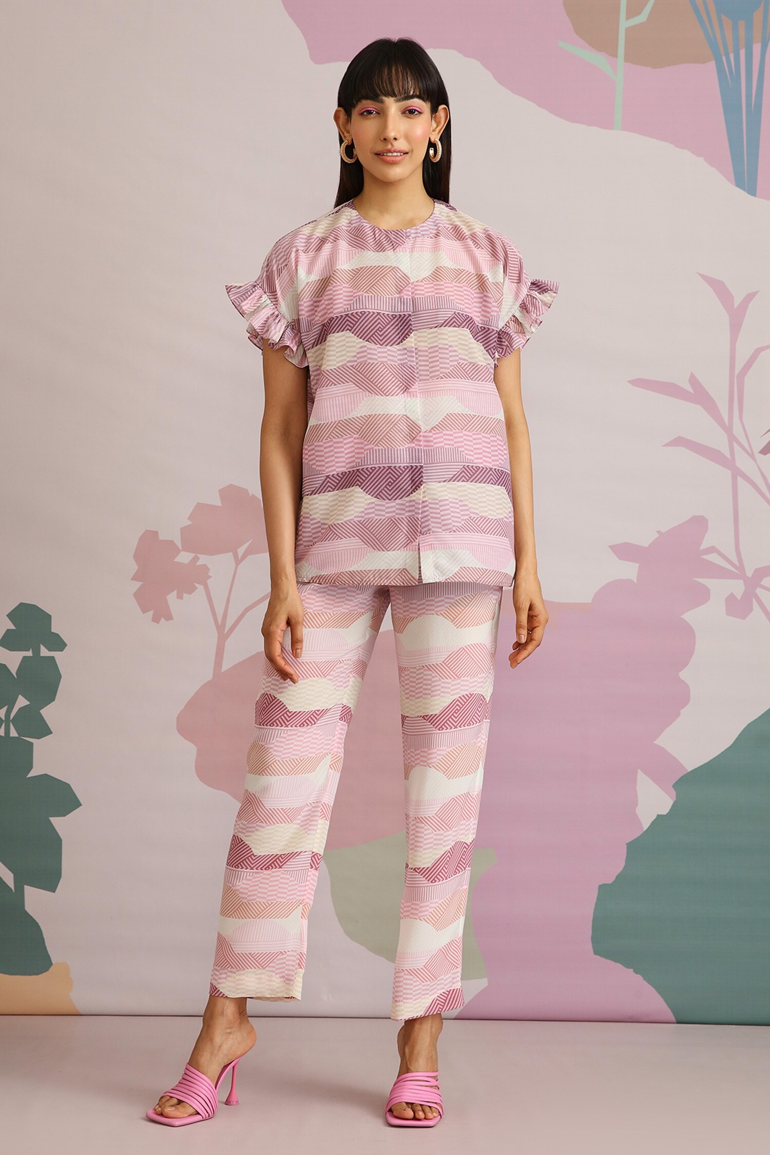 Pankaj & Nidhi Pink Bayou Ruffle Sleeve Top And Pant Set