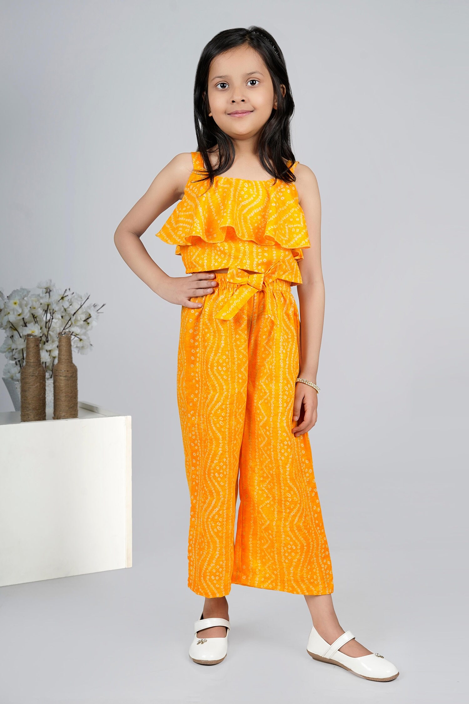 Jelly Jones Yellow Bandhani Print Top And Culottes Set For Girls