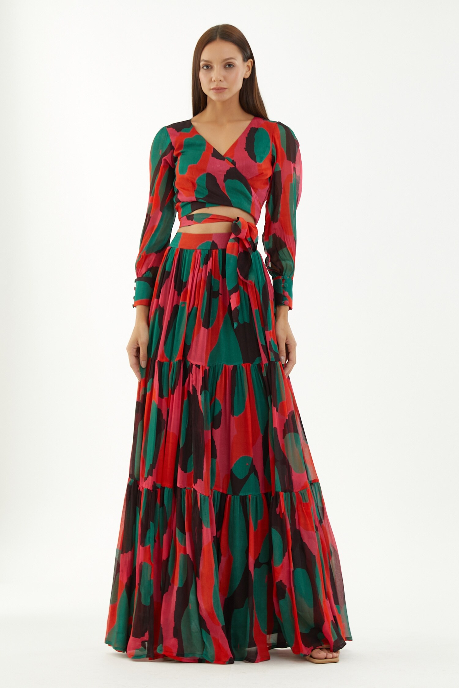 KoAi Multi Color Chiffon Abstract Pattern Tiered Skirt