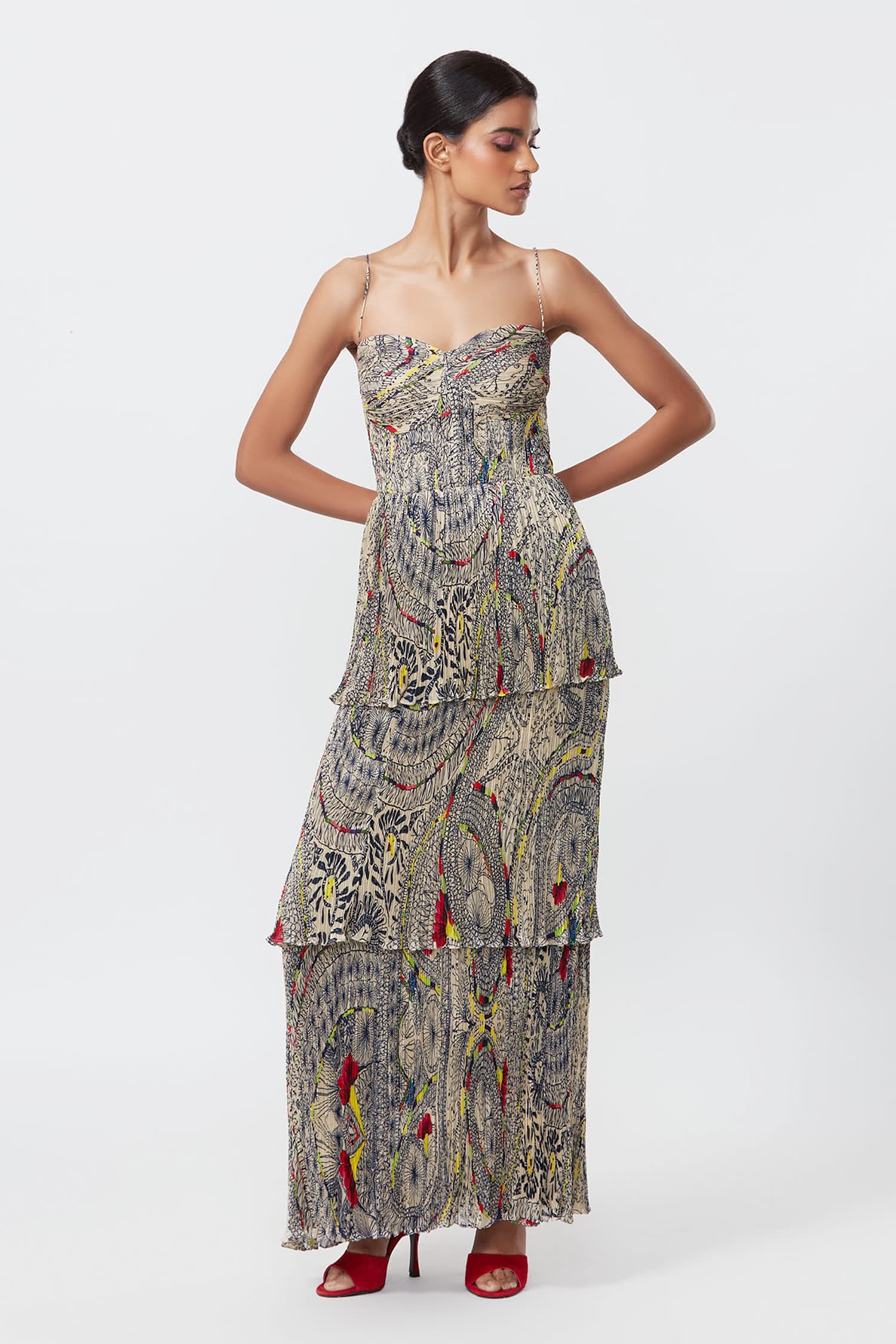 Saaksha & Kinni Multi Color Chiffon Abstract Print Three Tier Dress
