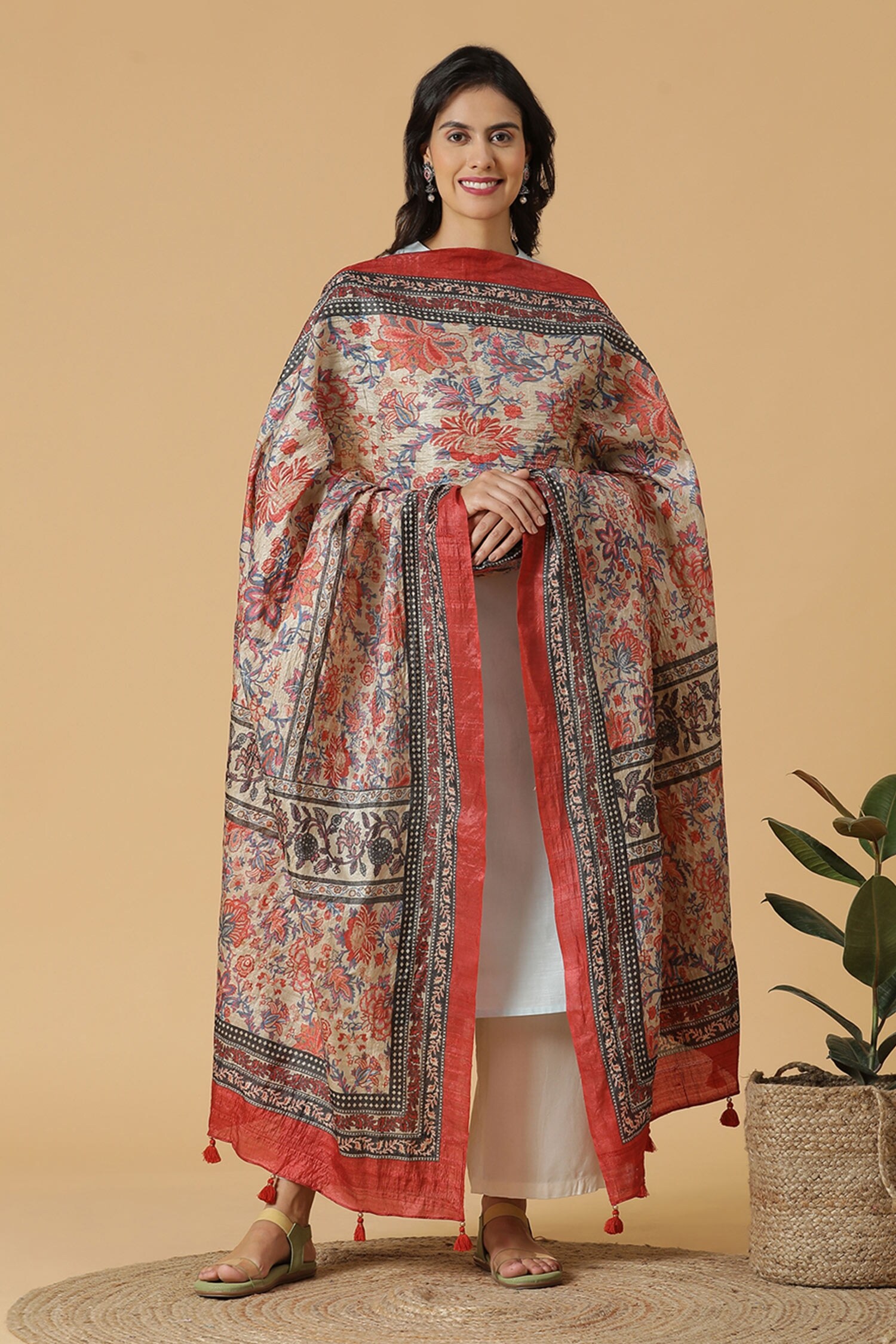 Shingora Maroon Silk Floral Print Dupatta
