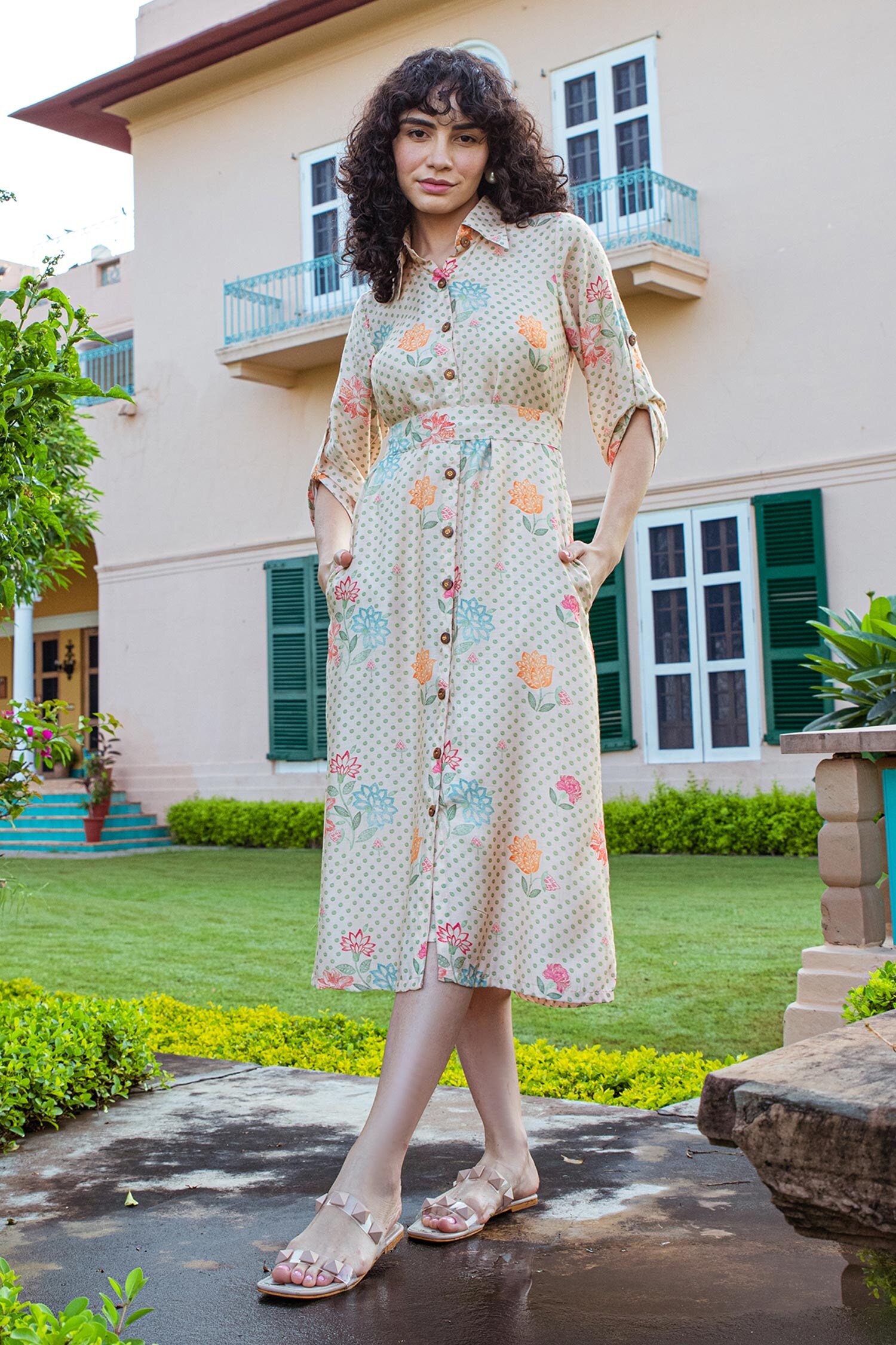 KARAJ JAIPUR Cream Muslin Floral And Polka Dot Pattern Shirt Dress