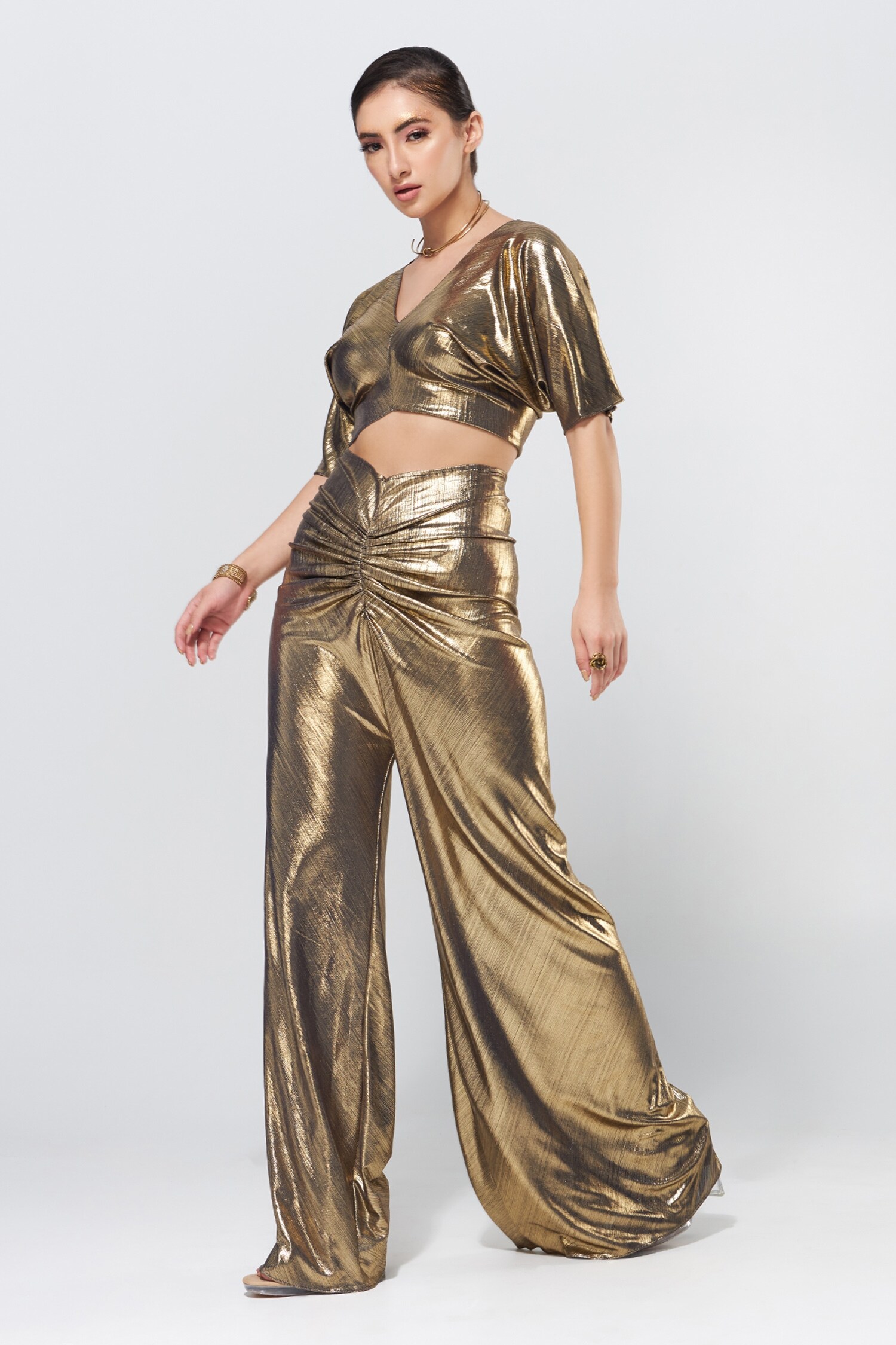 Cham Cham Gold Stretch Knit Foil Metallic Bell Sleeve Top And Pant Set