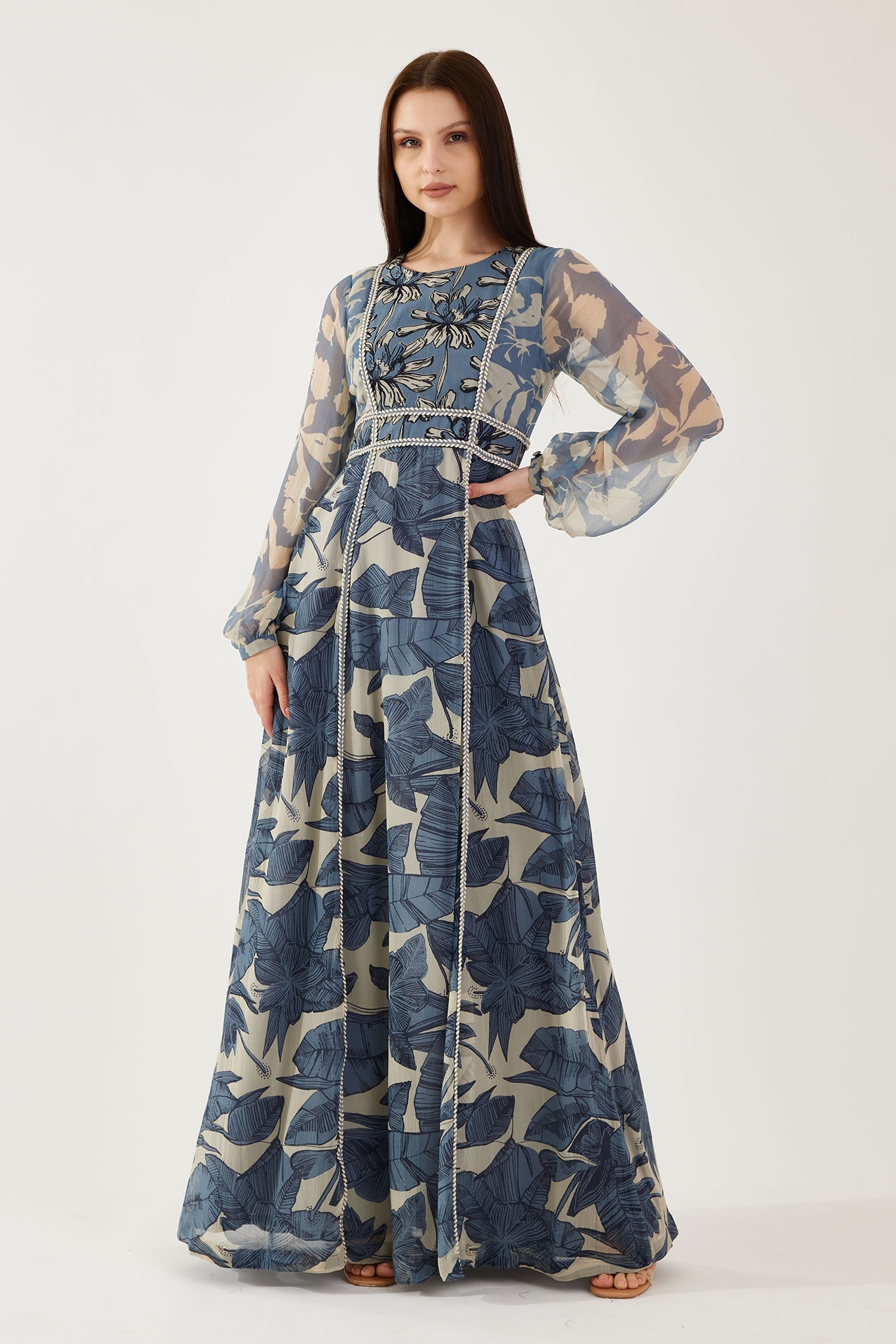 KoAi Blue Chiffon Floral Print Maxi Dress