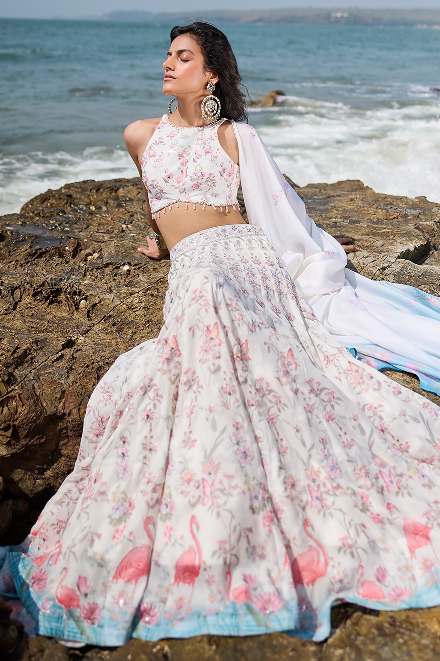 Buy Lashkaraa White Georgette Flamingo And Floral Print Lehenga Set ...