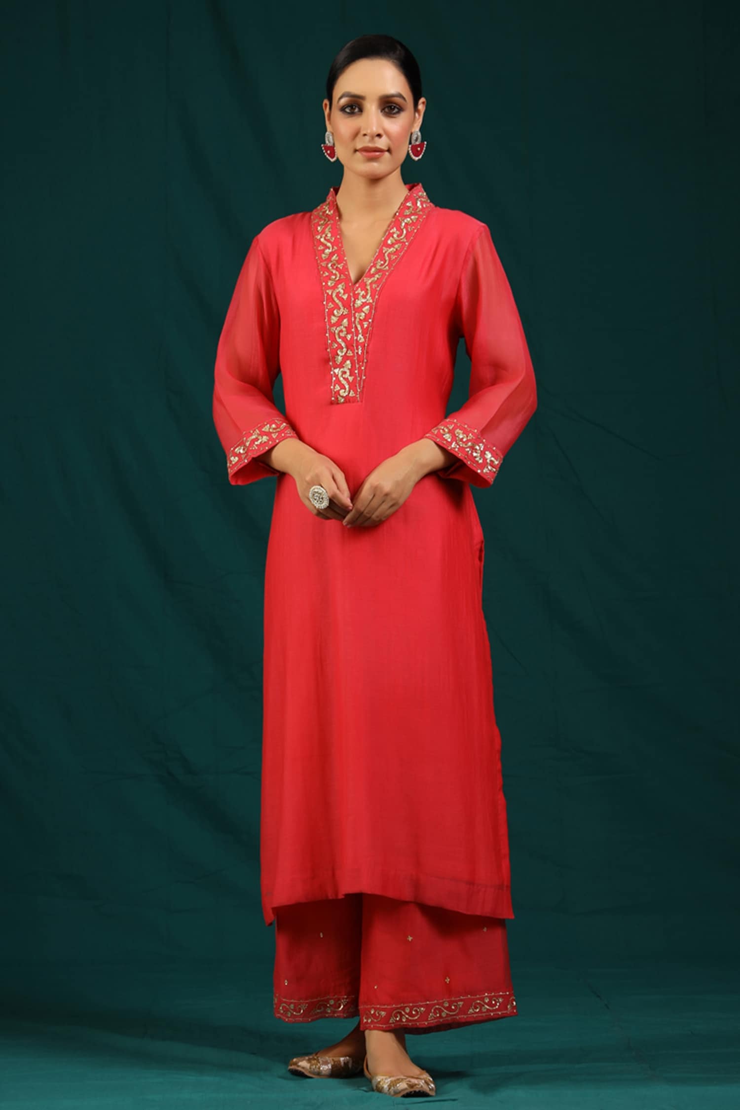 Charu Makkar Coral Soft Chanderi Kurta And Palazzo Set
