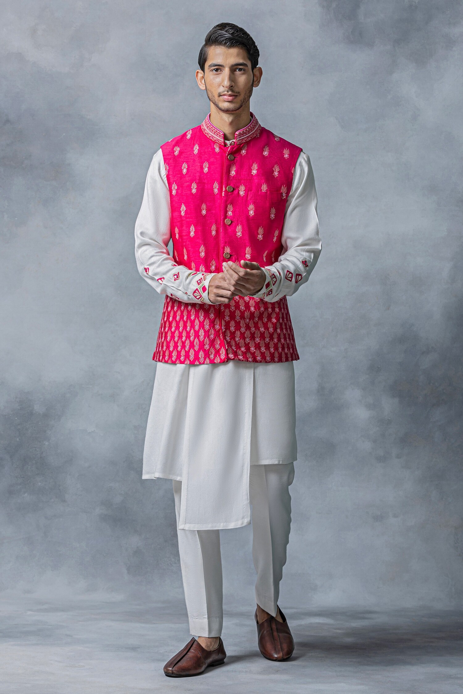 Sarab Khanijou Pink Raw Silk Resham Embroidered Waist Coat And Kurta Set