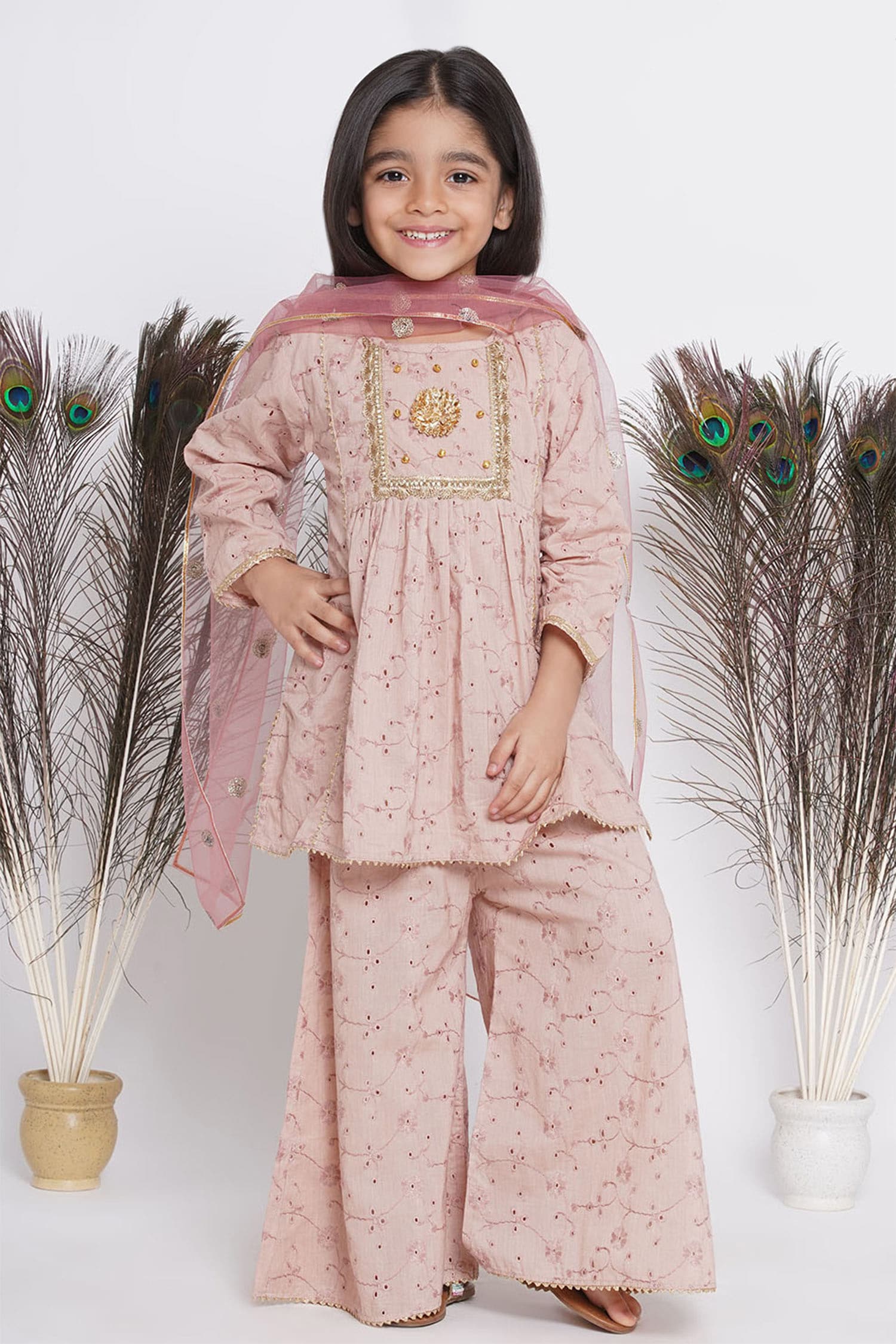 Little Bansi Pink Embroidered Frock Kurta Sharara Set For Girls