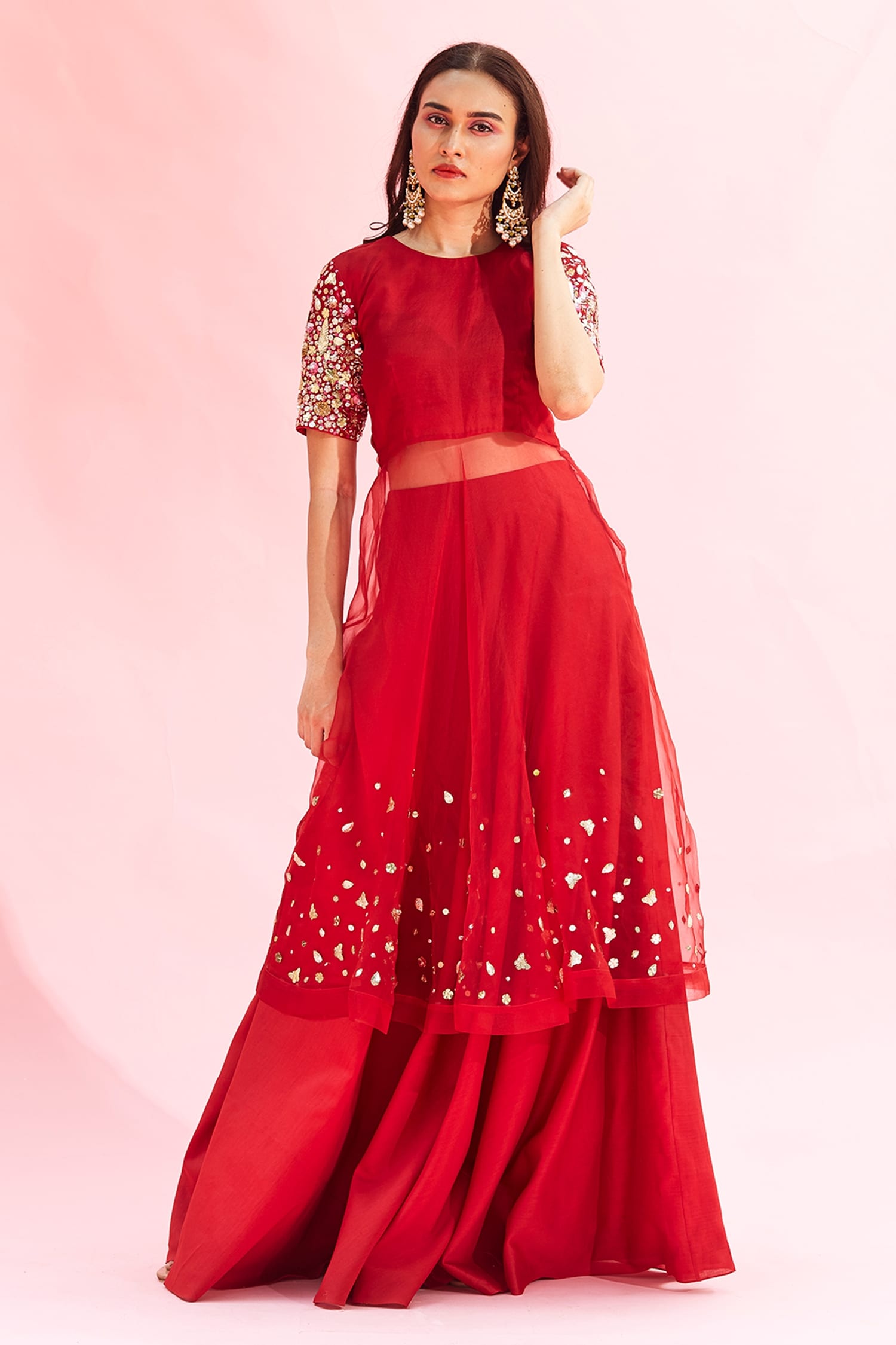 Buy The Aarya Red Anarkali Handwoven Chanderi Skirt Set Online | Aza ...
