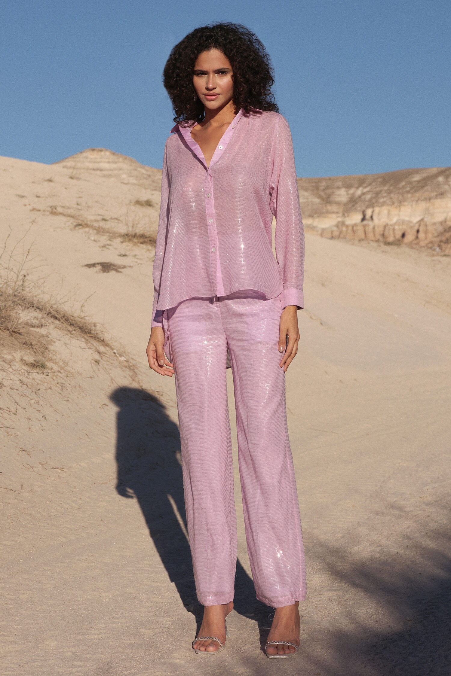 Twinkle Hanspal Purple Georgette Blair Sequin Work Shirt And Pant Set