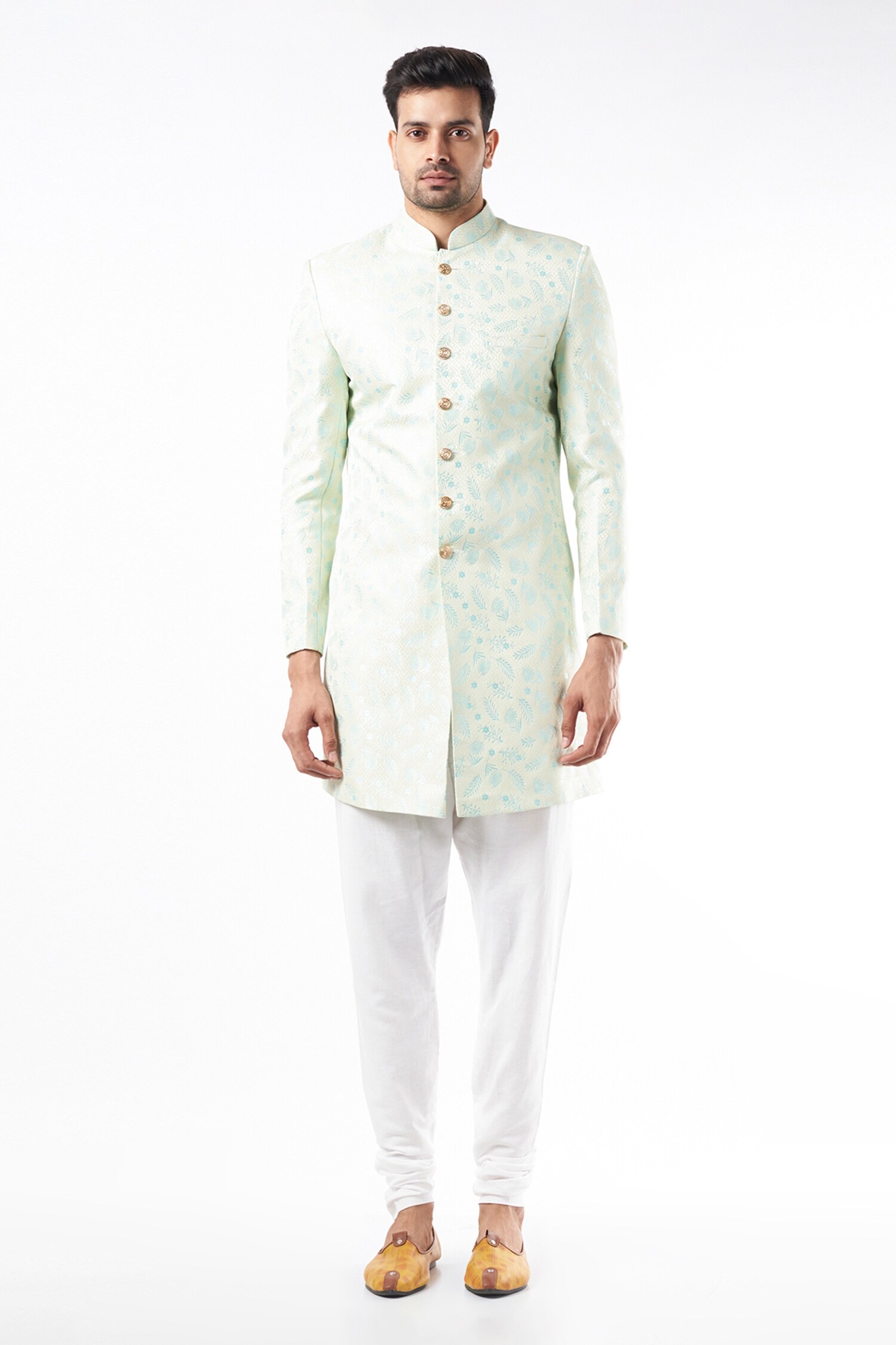 Spring Break Blue Polyester Cotton Floral Pattern Sherwani Set