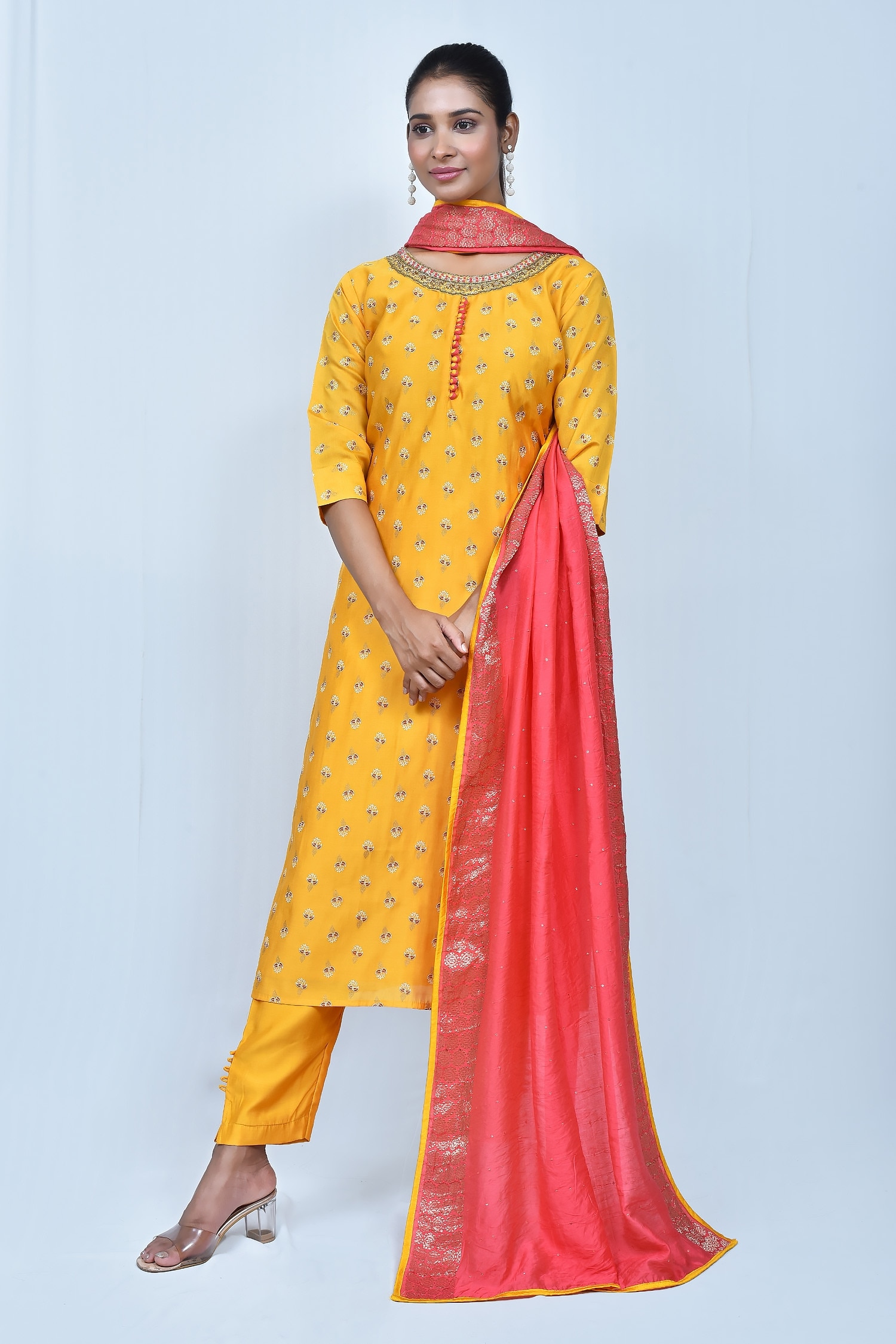 Buy Khwaab by Sanjana Lakhani Yellow Silk Floral Foil Print Kurta Set