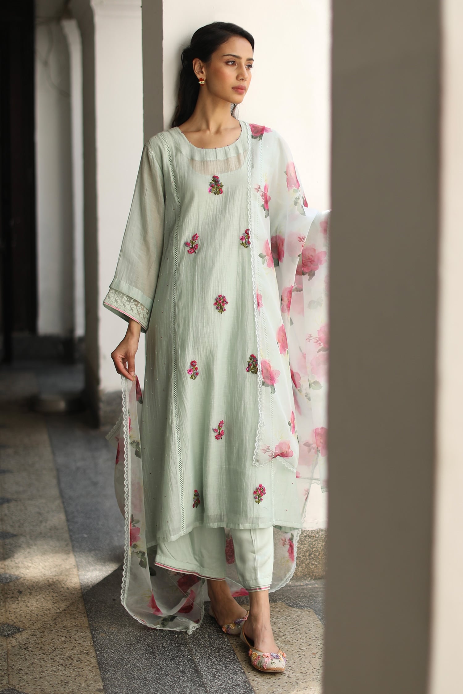 Buy Begum Pret Green Jaffer Floral Embroidered Kurta Set Online | Aza ...