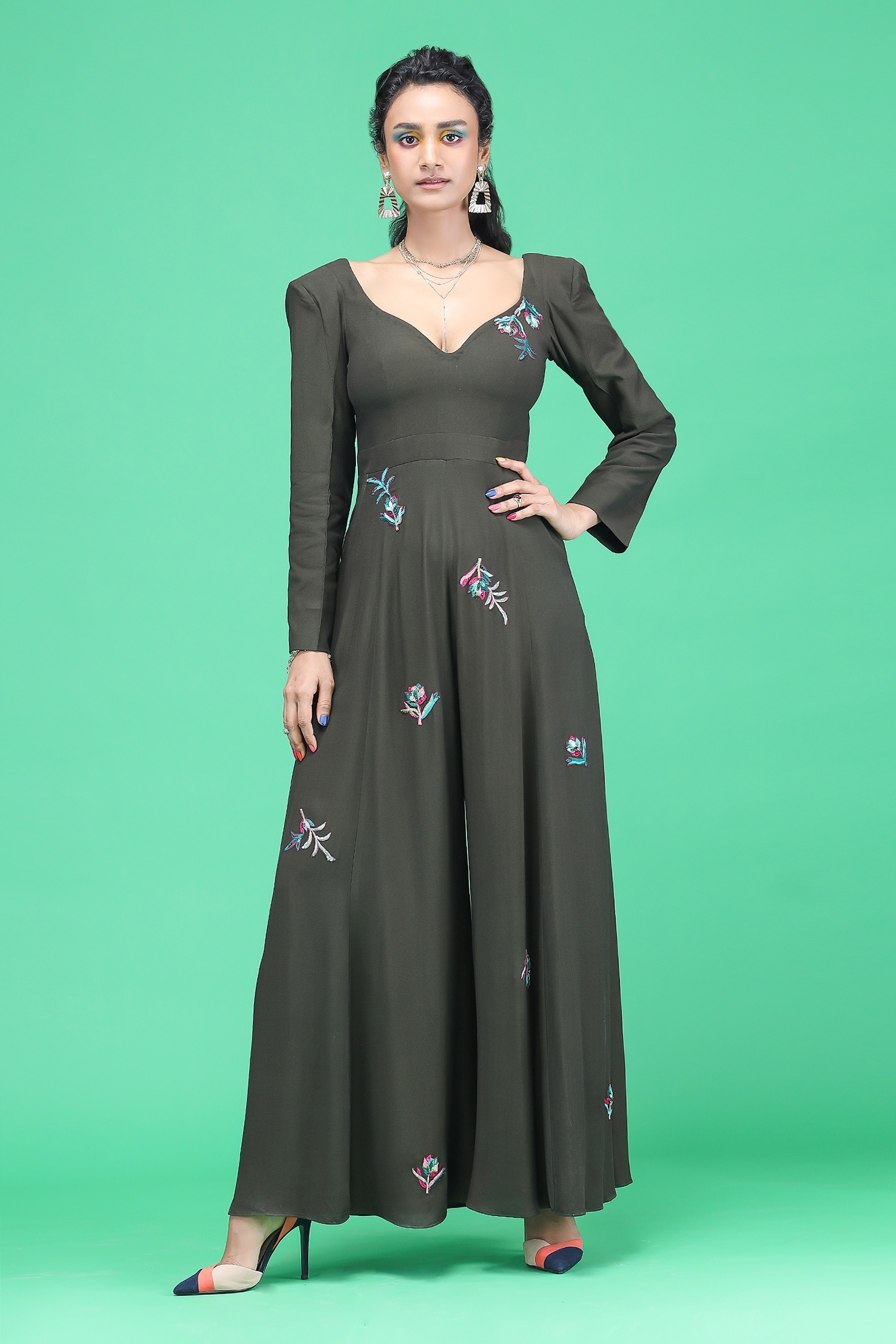 Buy Raasa Green Crepe Tulip Embroidered Flared Jumpsuit Online | Aza ...