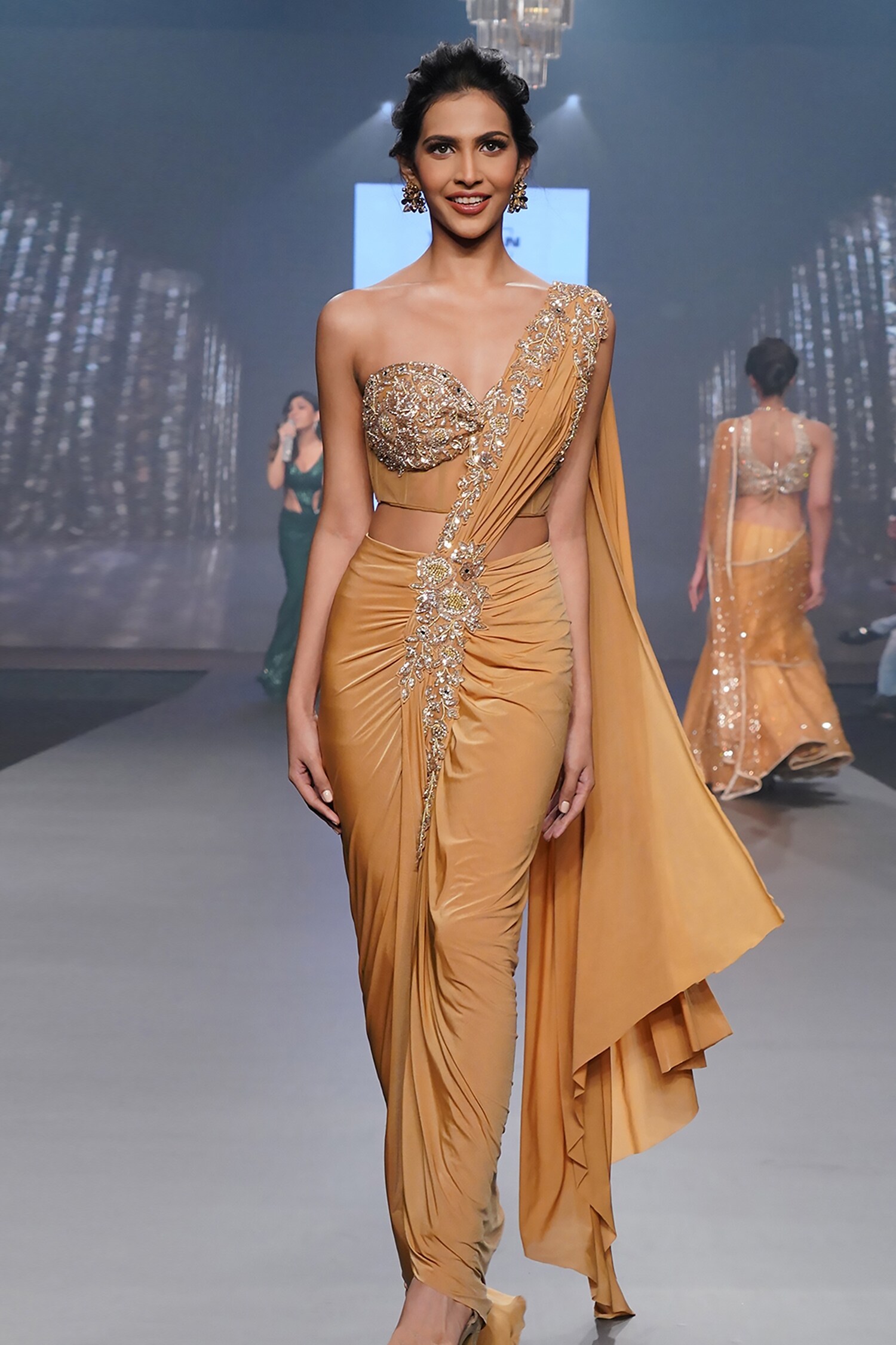 Archana Kochhar Gold Lycra Pre-draped Saree With Embroidered Corset Blouse
