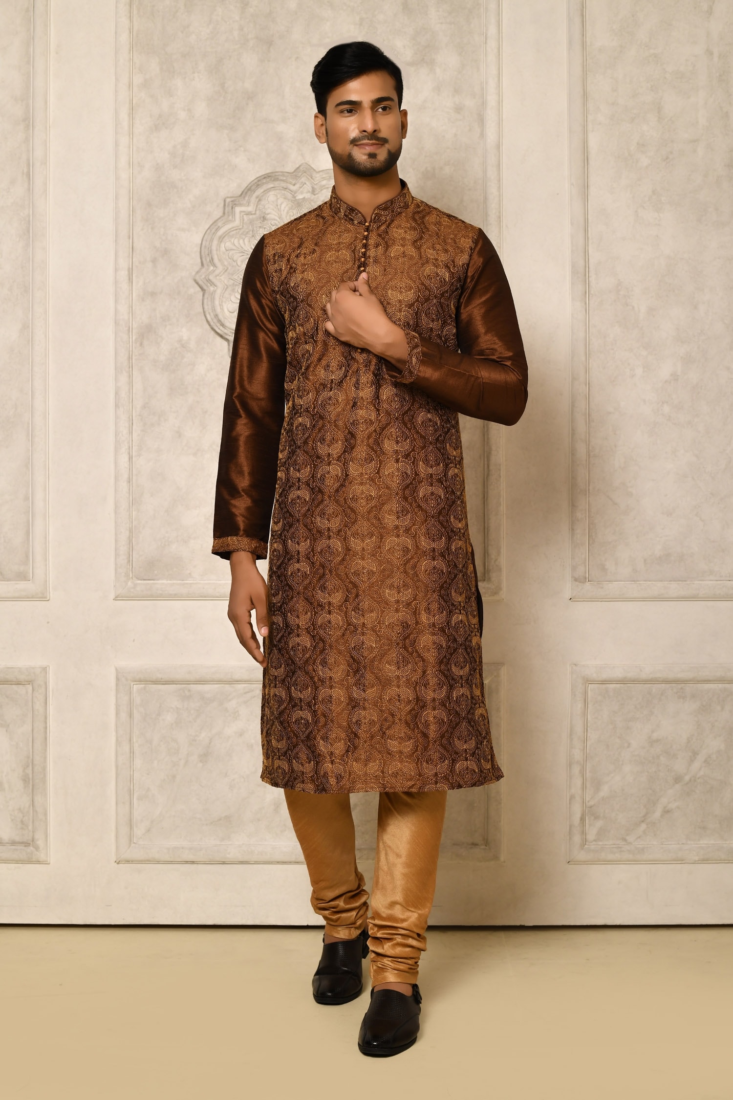 Naintara Bajaj Brown Inverted Paisley Pattern Kurta Set