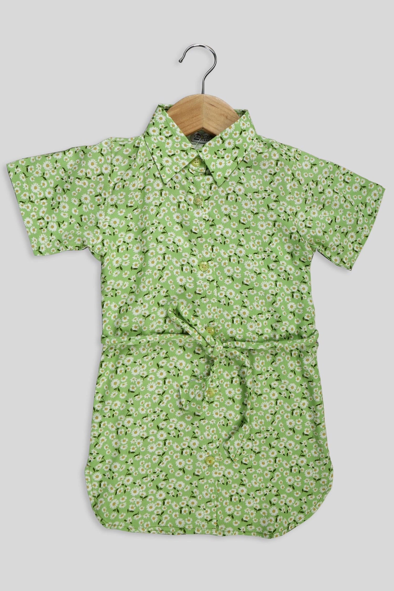 Champscloset Green Floral Print Shirt Dress With Belt For Girls