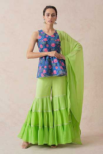 Babyhug Woven Singlet Sleeves Mirror Embroidered Kurti Gharara Set with Dupatta - Aqua