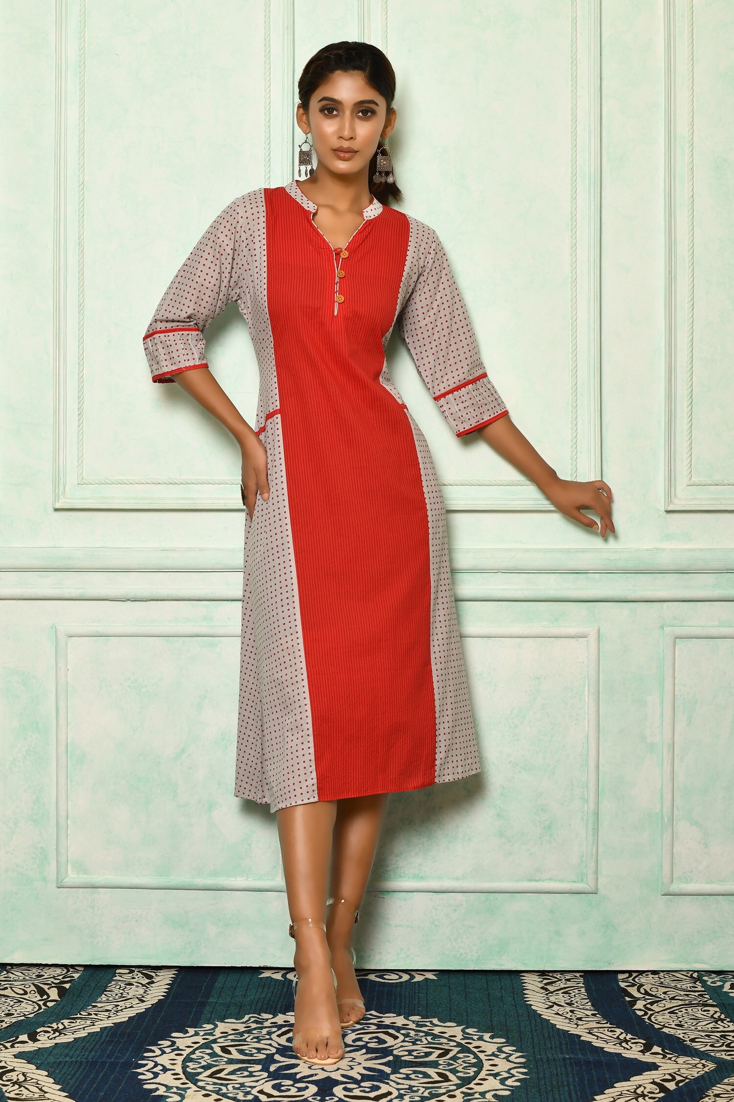 Aryavir Malhotra Grey Cotton Stripe And Polka Dotted Long Tunic