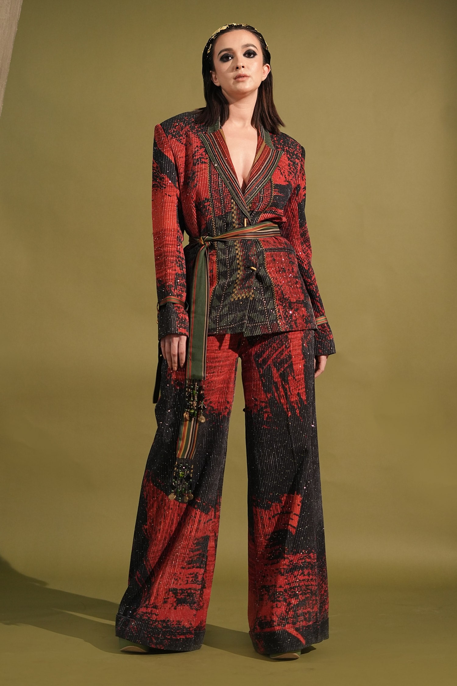 Nikita Mhaisalkar Red Pure Georgette Stroke Print Blazer And Pant Set