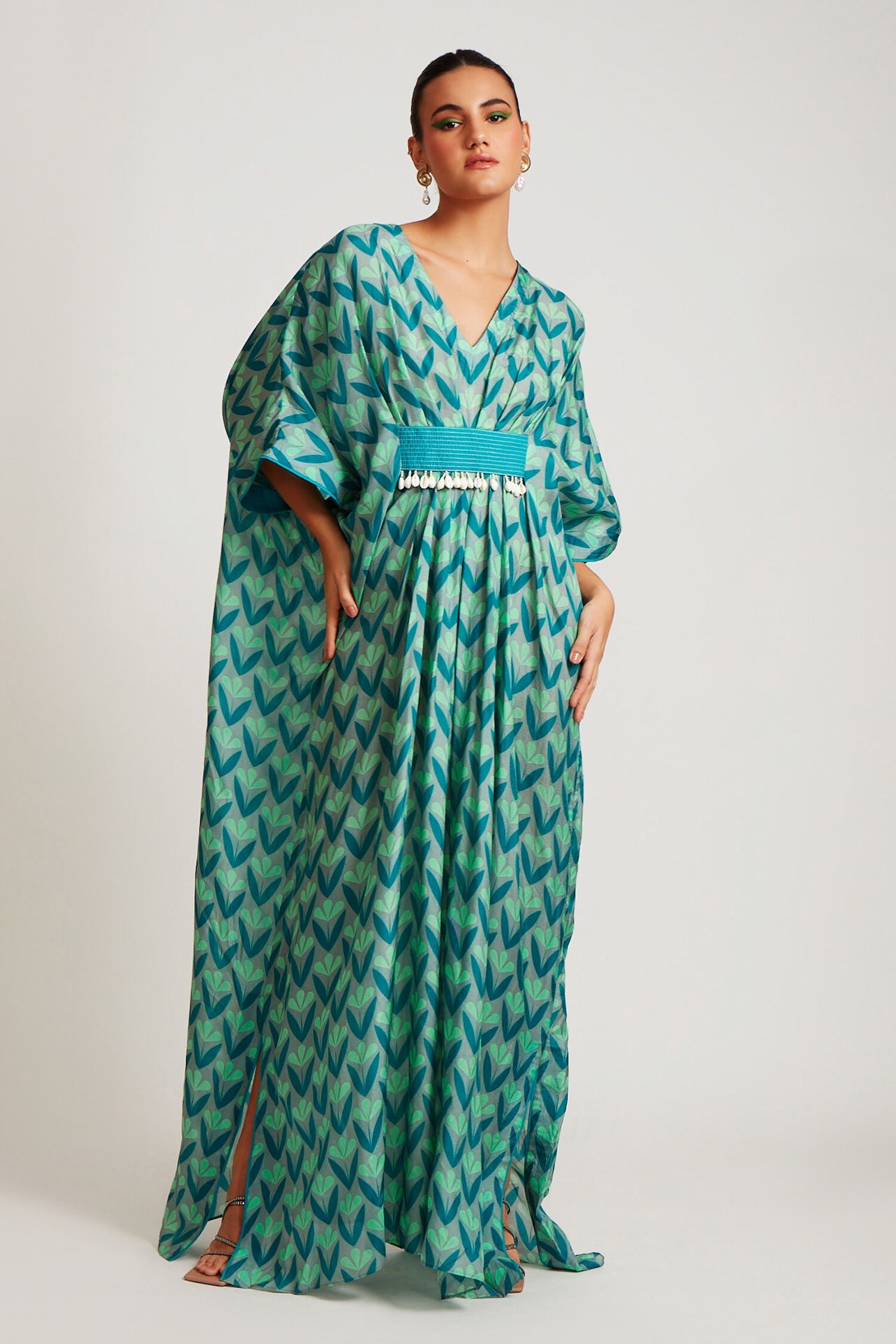 Sorbae Green Silk Printed Kaftan Gown