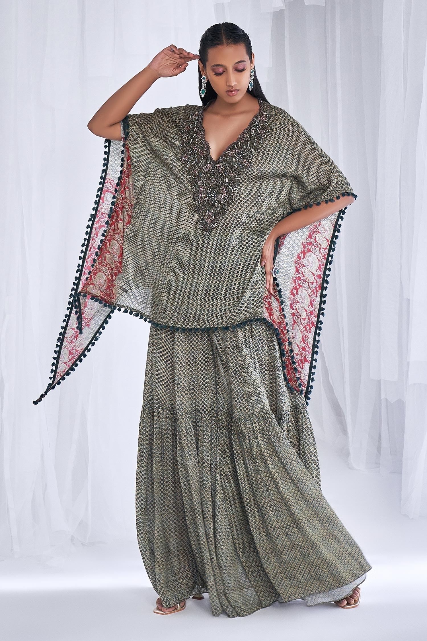 Buy Dolly J Grey Chiffon Dew Drop Flower Motif Print Kaftan With