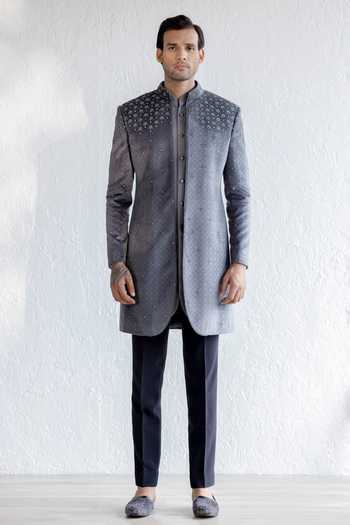 Buy Qbik Grey Aabid Velvet Jacket And Trouser Set Online | Aza Fashions