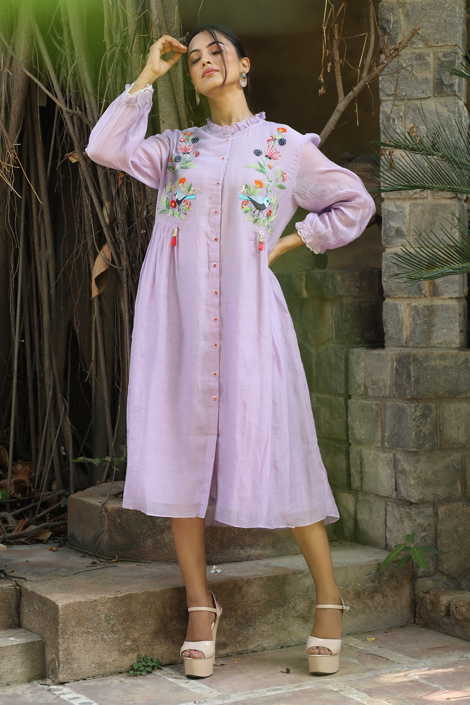 Desert Shine by Sulochana Jangir Purple Handwoven Chanderi Nature Pattern Embroidered Shirt Dress