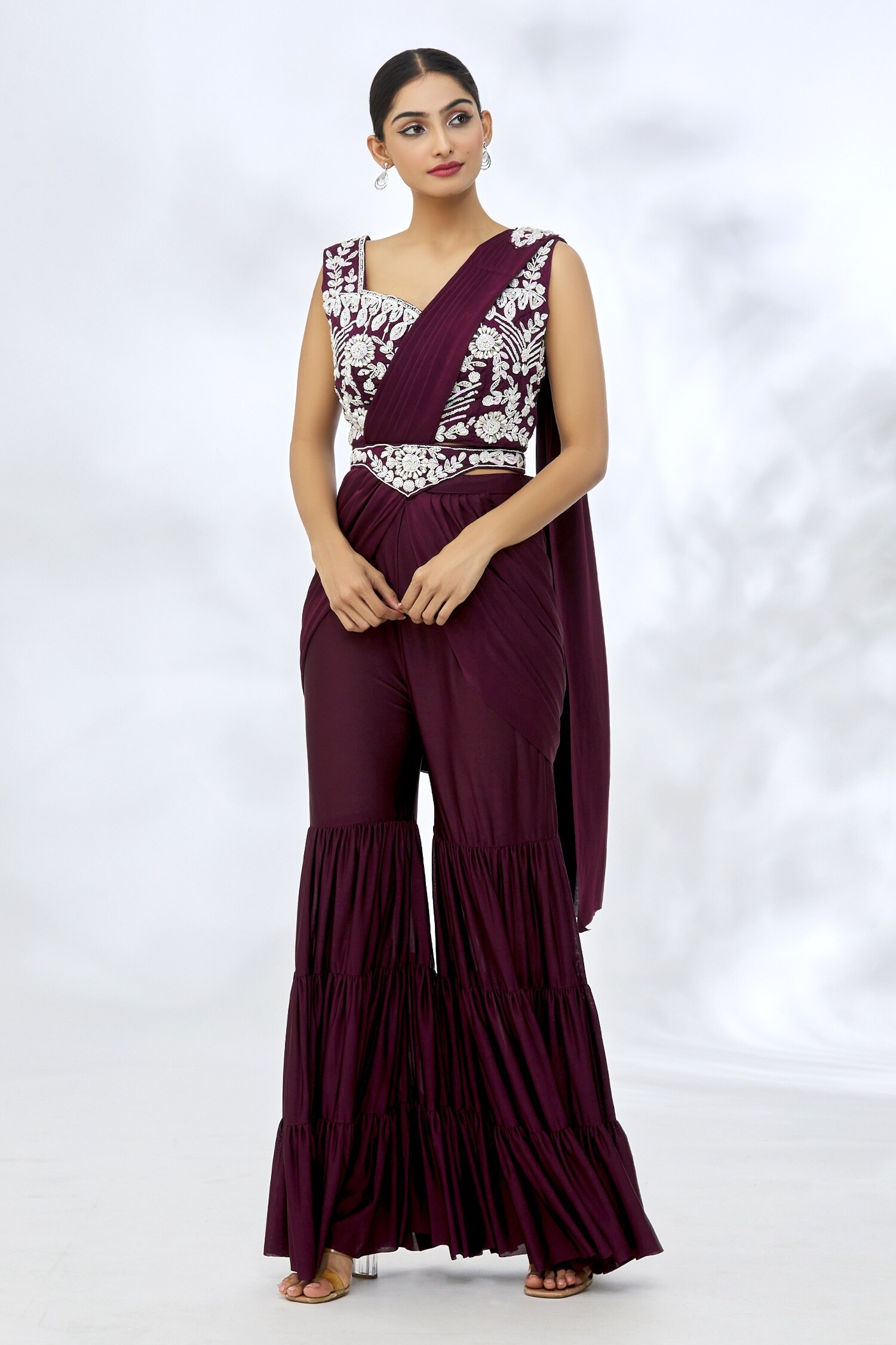 Buy Khwaab by Sanjana Lakhani Wine Lycra Sharara Saree With Embroidered