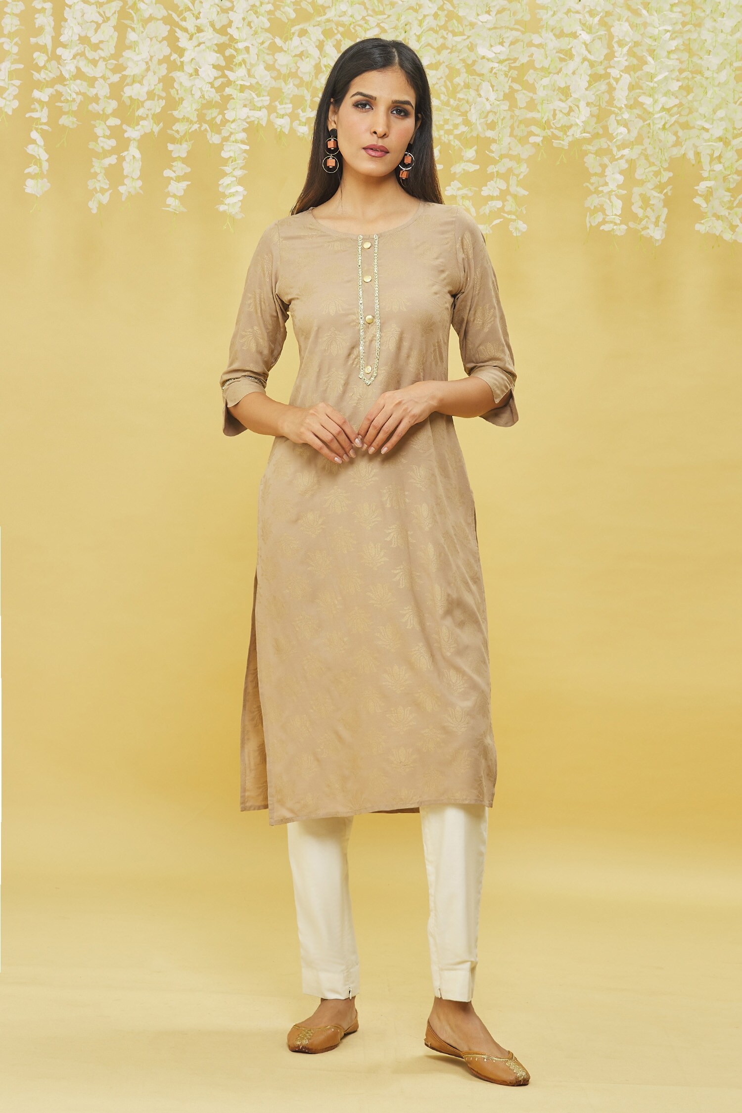 Samyukta Singhania Beige Rayon Lotus Print Straight Kurta