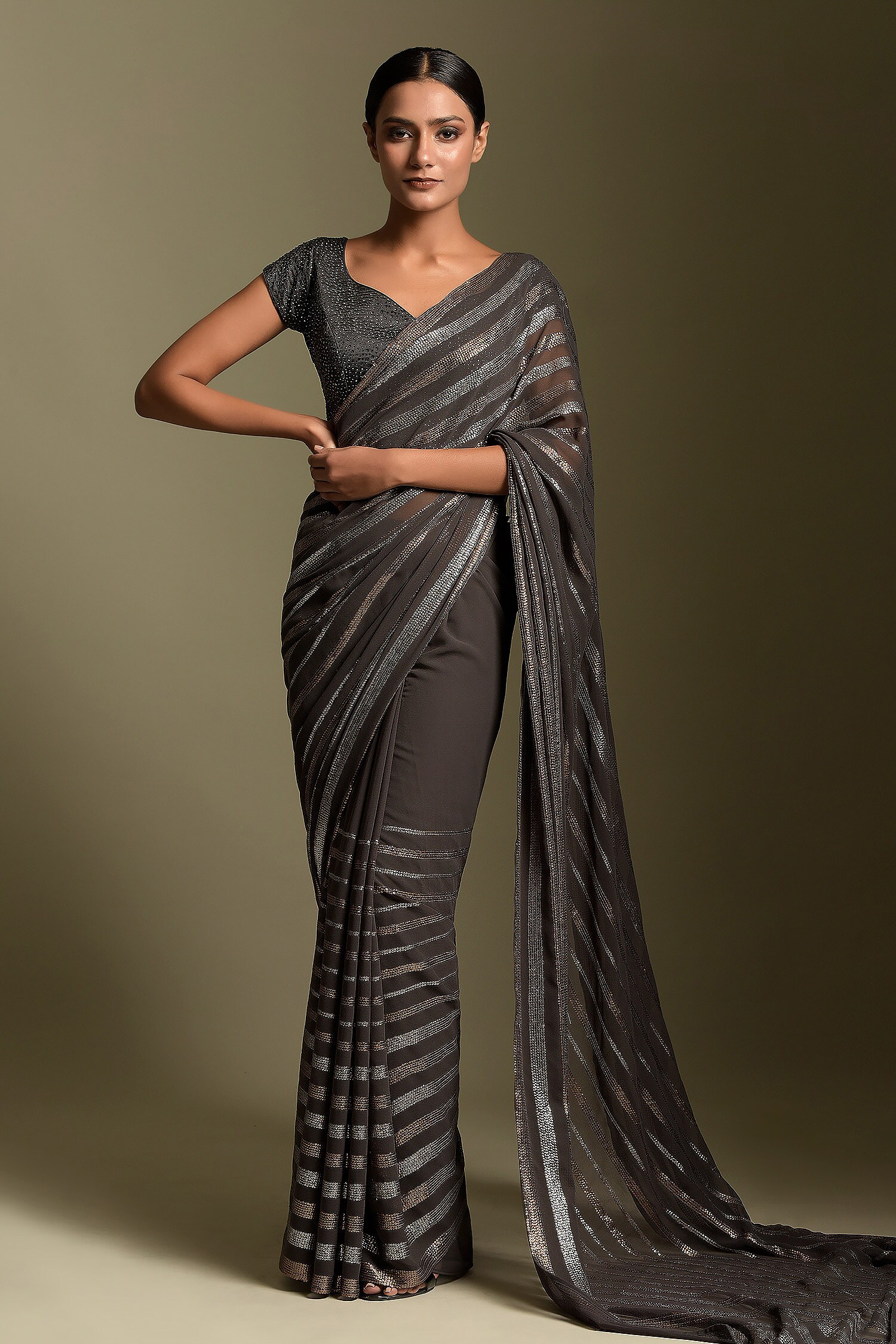 Two Sisters By Gyans Grey Tonal Sequin Work Saree With Blouse